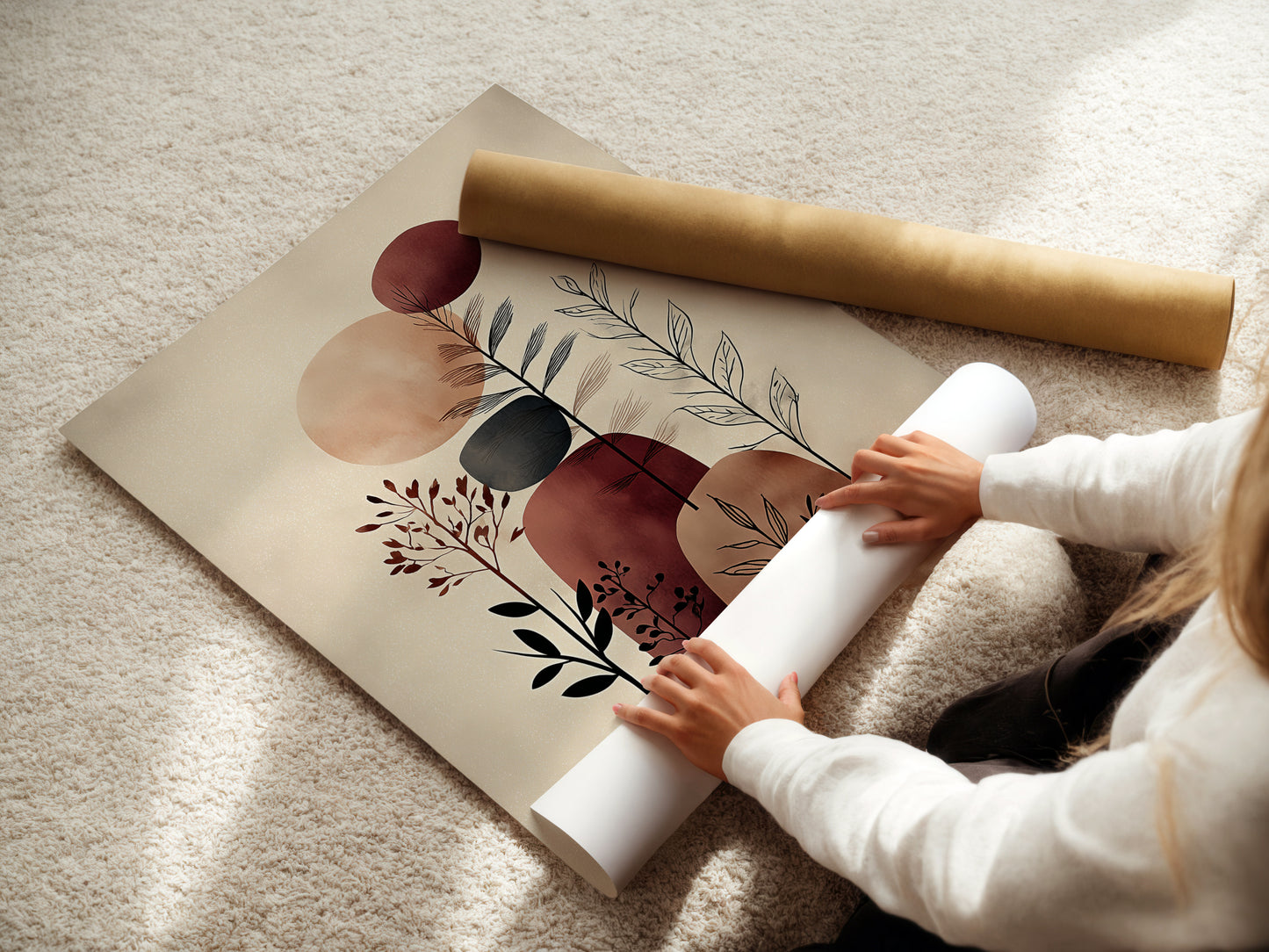 A woman carefully rolls a fine art poster paper. Preparing it for framing or display. High quality materials ensure a lasting beautiful abstract botanical art print. Choose fine art paper for your minimalist artwork. Perfect for earth tone decor.