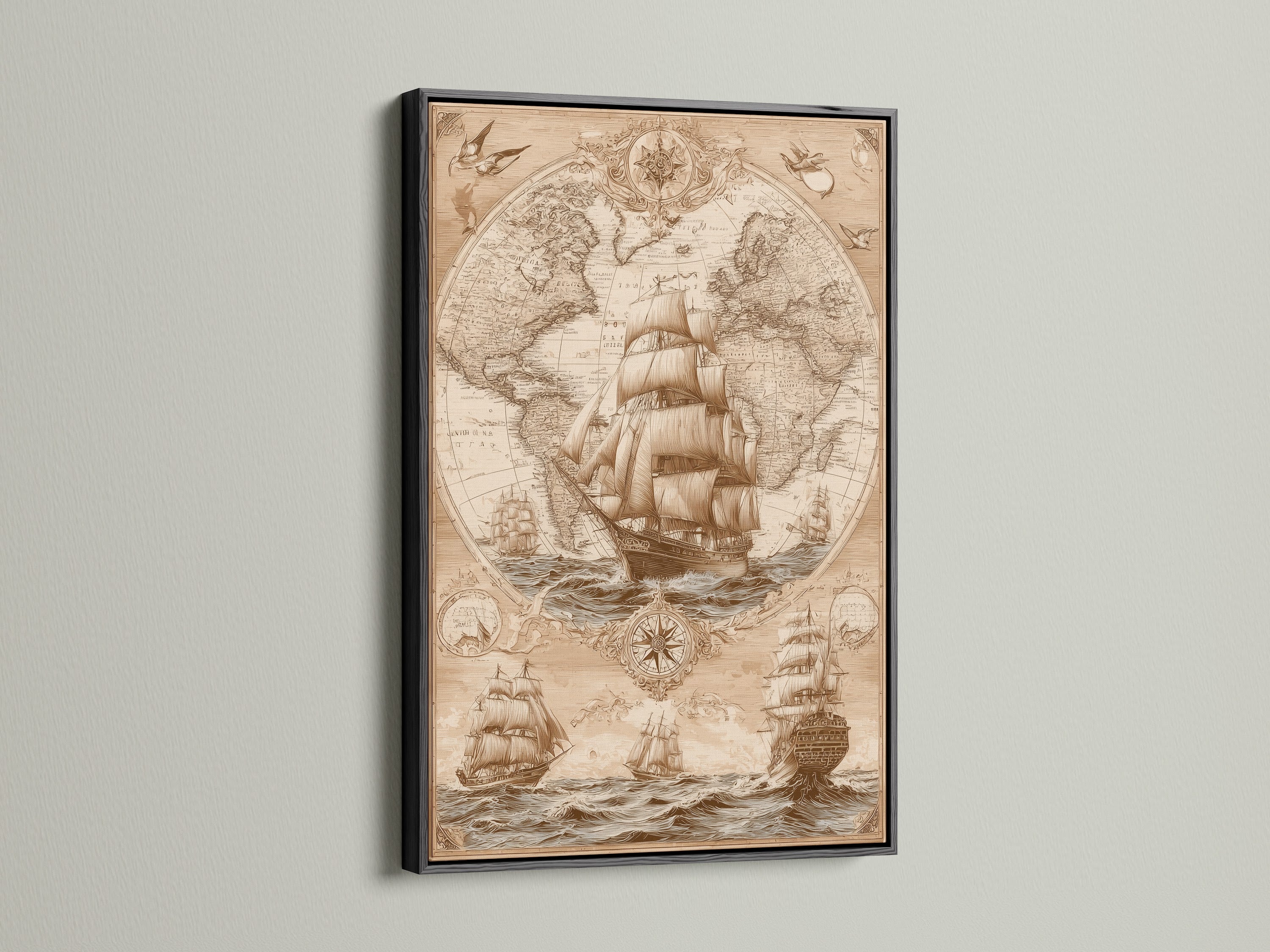 Artwork of a vintage ship and world map displayed in a black frame. The black frame creates a bold statement. A classic choice for any room. Our framed art prints are made with high-quality materials. Add a touch of elegance to your home. Explore our selection today