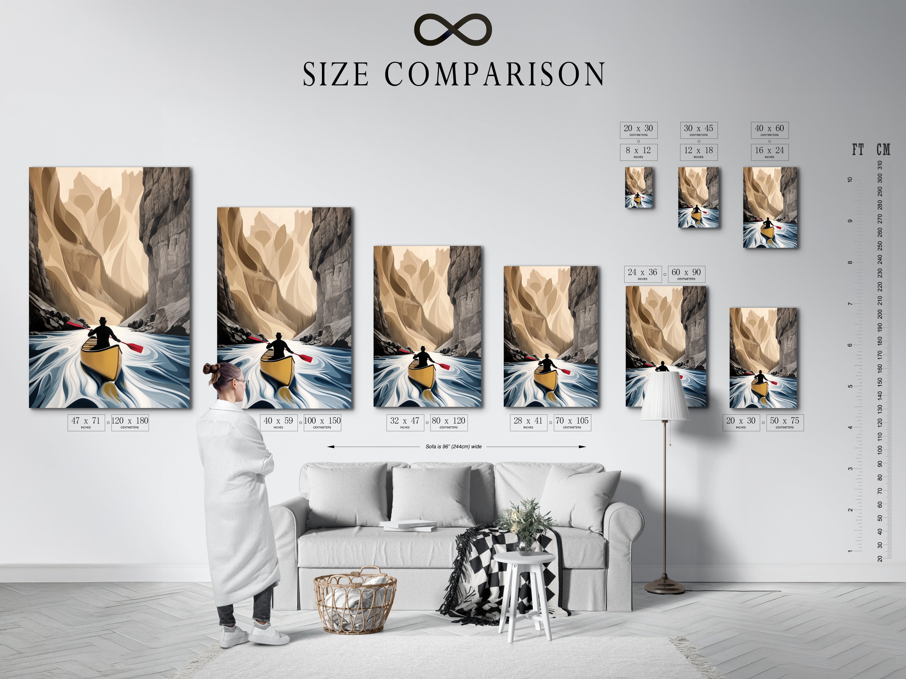 Size comparison chart in an interior setting. The Canoe River artwork is displayed in various sizes. It helps visualize the perfect fit for your space. This guide makes selecting the right size easy. It is ideal for home or office decor.