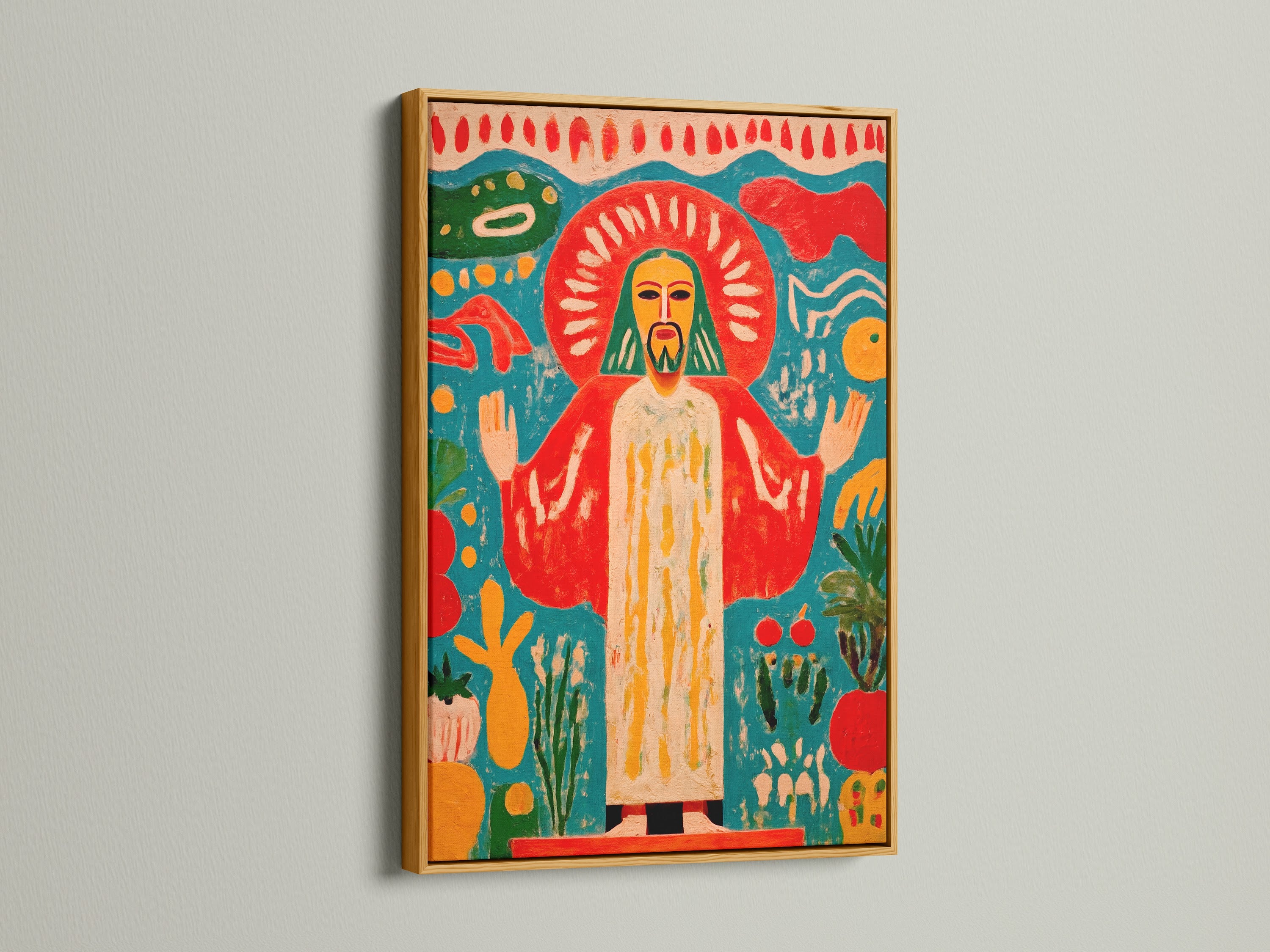 Folk Art Canvas Print in a Gold Frame. This sacred heart artwork is great for art enthusiasts. It is ideal for homeowners. It is a vibrant uplifting presence. Great for meditation rooms. Consider this folk charm piece.