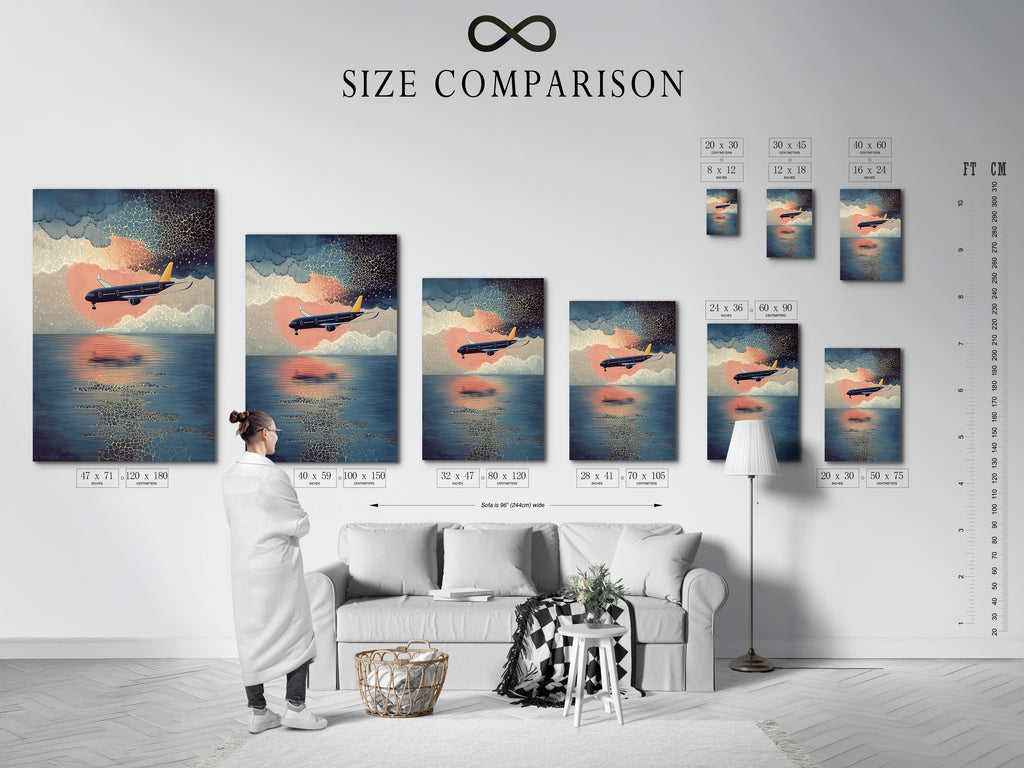 A size comparison chart is displayed in a stylish interior. This chart helps you visualize the perfect size for your artwork. Choose from a variety of sizes for your airplane canvas print. Find the perfect fit for your space. We offer aviation prints and coastal artwork.