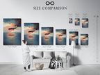 A size comparison chart is displayed in a stylish interior. This chart helps you visualize the perfect size for your artwork. Choose from a variety of sizes for your airplane canvas print. Find the perfect fit for your space. We offer aviation prints and coastal artwork.