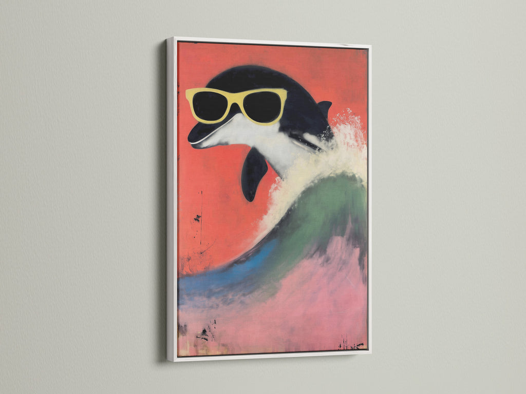 The white frame presents a retro penguin artwork that enhances its playful charm. This animal canvas print is great for kids room decor or a nursery wall decor. The artwork features a quirky penguin wearing sunglasses set against a striking red backdrop. The white frame adds a clean contrast enhancing the colorful bird art and making it a fun wall decor piece.