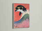 The white frame presents a retro penguin artwork that enhances its playful charm. This animal canvas print is great for kids room decor or a nursery wall decor. The artwork features a quirky penguin wearing sunglasses set against a striking red backdrop. The white frame adds a clean contrast enhancing the colorful bird art and making it a fun wall decor piece.