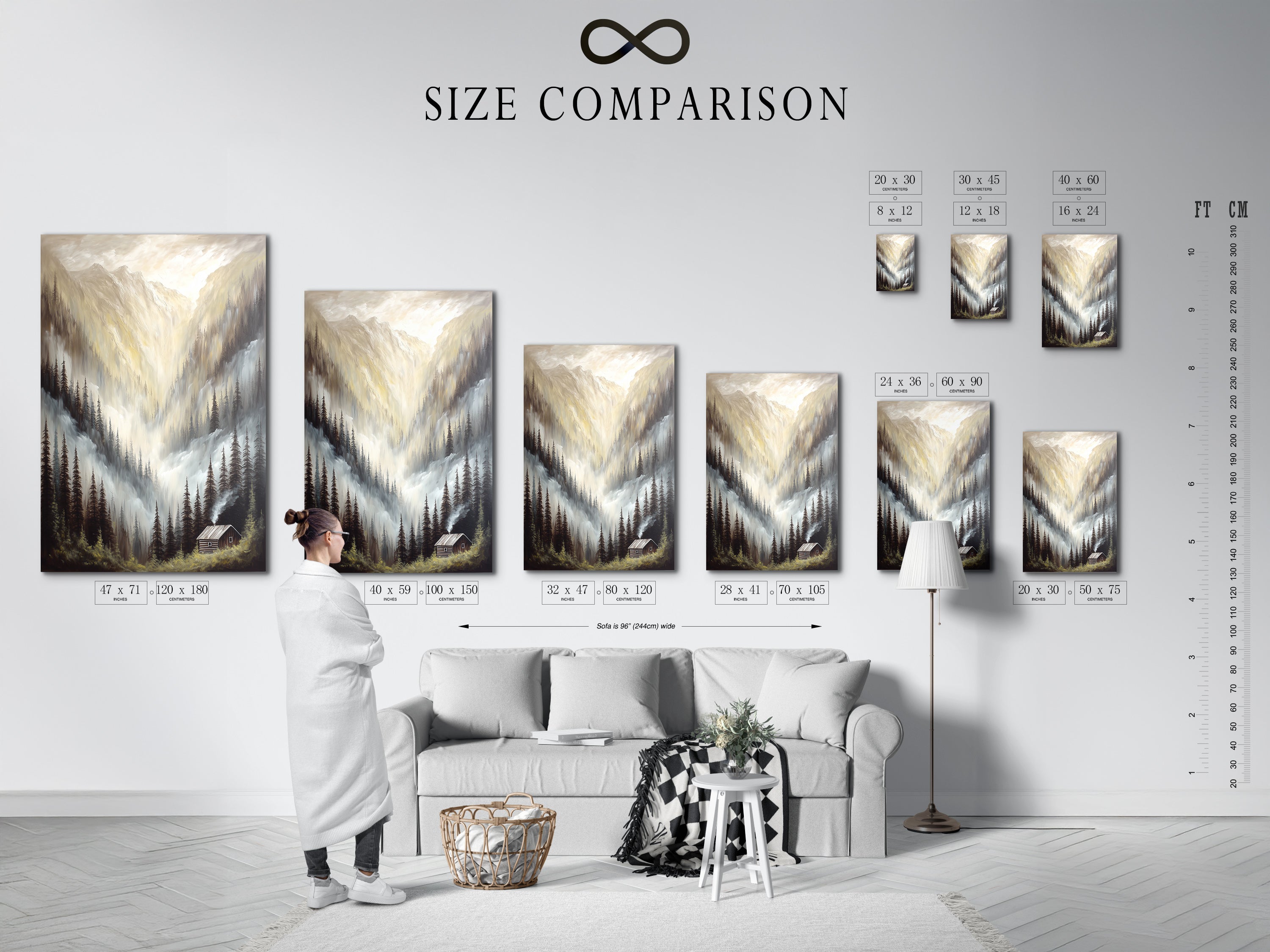 Size comparison chart in an interior setting. The chart helps you visualize the Mountain Cabin artwork. See how it fits in different spaces. Choose the perfect size for your wall. Available in various sizes to suit your needs for cabin art.
