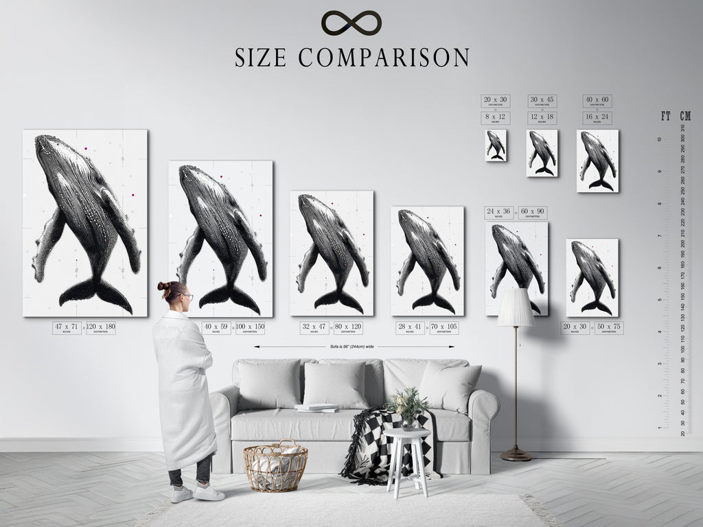 Size comparison chart in an interior setting. Showcasing the various sizes available for the Humpback Whale art print. Visualize the perfect fit for your space. Available in stretched canvas and fine art poster paper. Find the ideal whale artwork