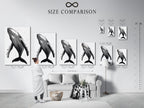 Size comparison chart in an interior setting. Showcasing the various sizes available for the Humpback Whale art print. Visualize the perfect fit for your space. Available in stretched canvas and fine art poster paper. Find the ideal whale artwork
