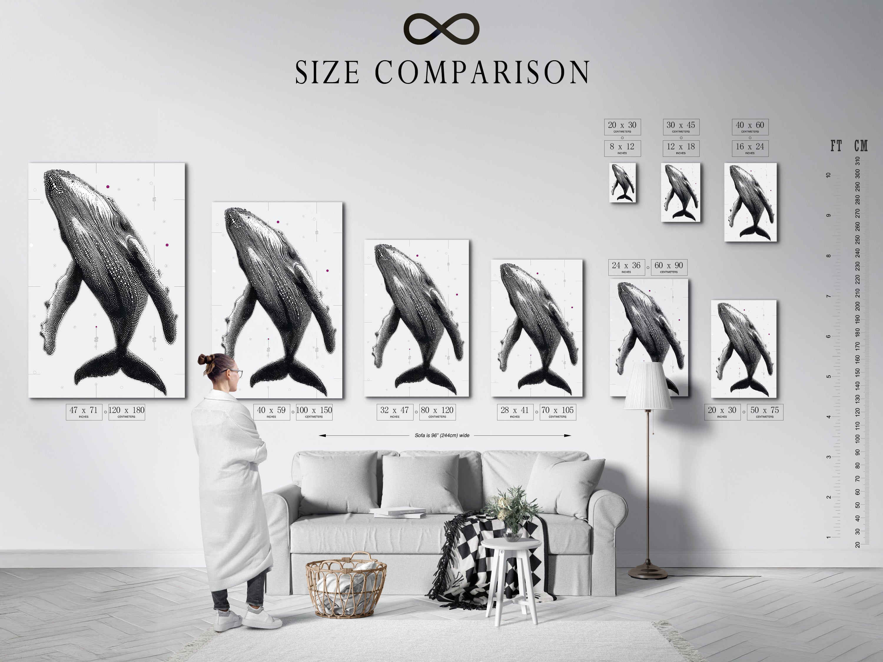 Size comparison chart in an interior setting. Showcasing the various sizes available for the Humpback Whale art print. Visualize the perfect fit for your space. Available in stretched canvas and fine art poster paper. Find the ideal whale artwork