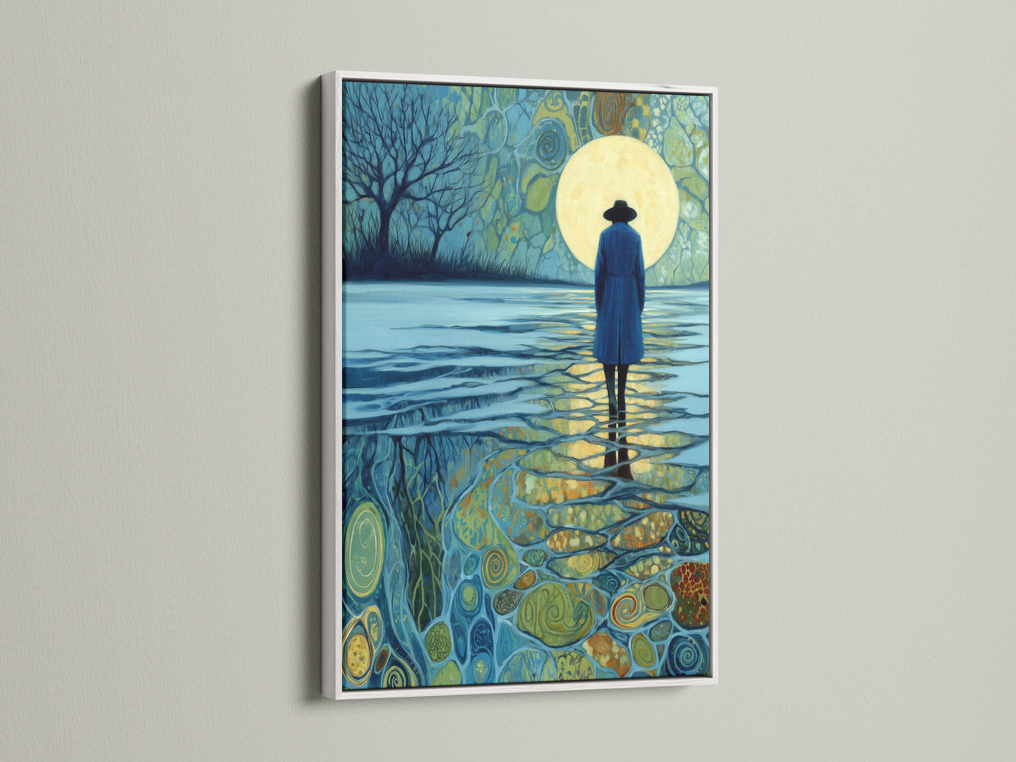 Moonlight Reflection artwork with a white frame. The white frame offers a clean modern look. It complements the artwork's serene blue hues. This artwork brightens any space. Enhance your home with a stylish piece.