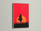 Cowboy Sunset Canvas Print with oak frame. This western wall art showcases a red orange silhouette of a cowboy on horseback. Ideal rustic artwork for living rooms bedrooms or man caves. A great addition to your western home decor.