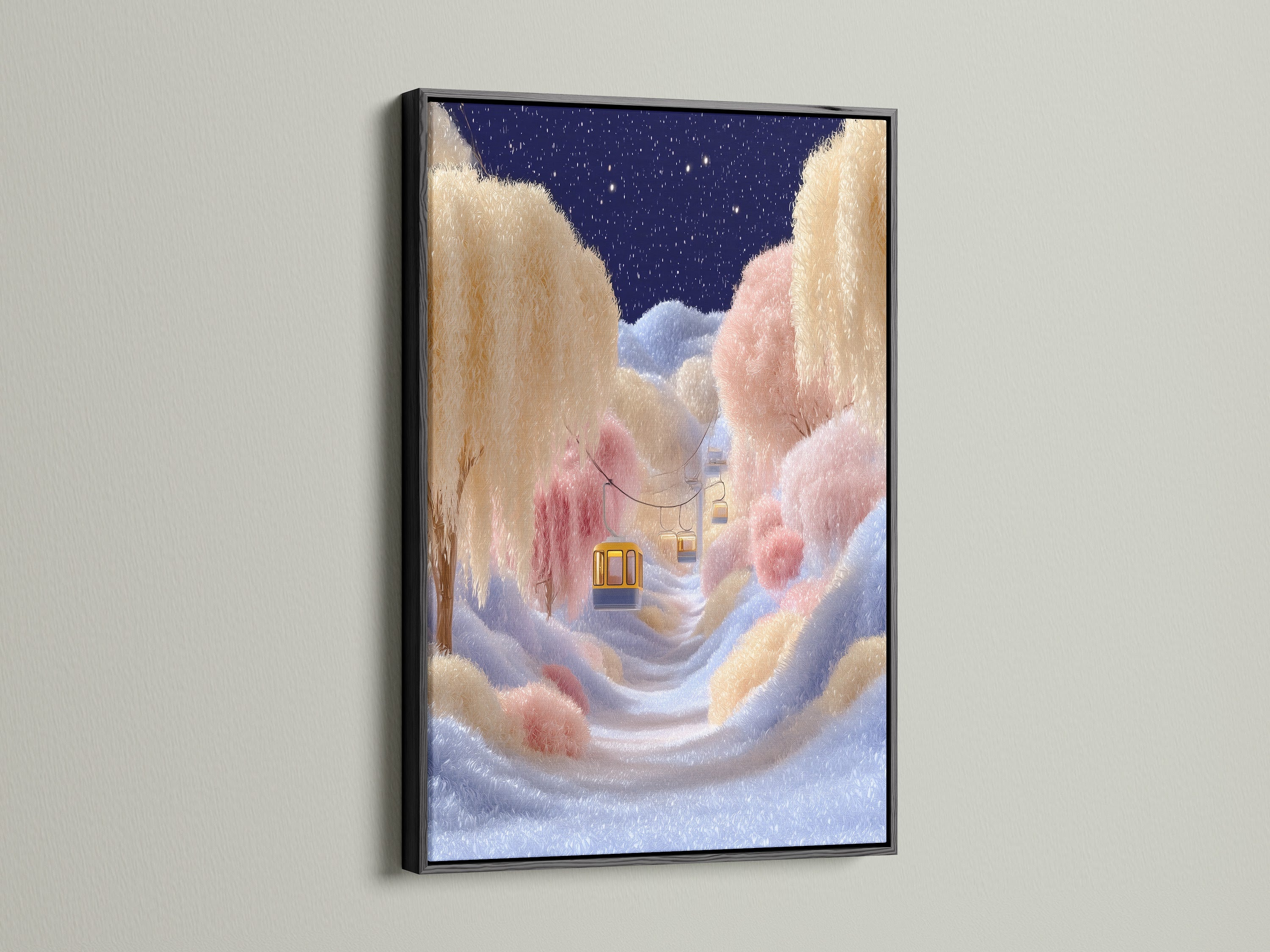 Dreamy Cloud Landscape Art in a black frame. This striking contrast makes the colors pop. It's ideal as bedroom art or living room art. The frame adds a modern touch to this sky canvas.