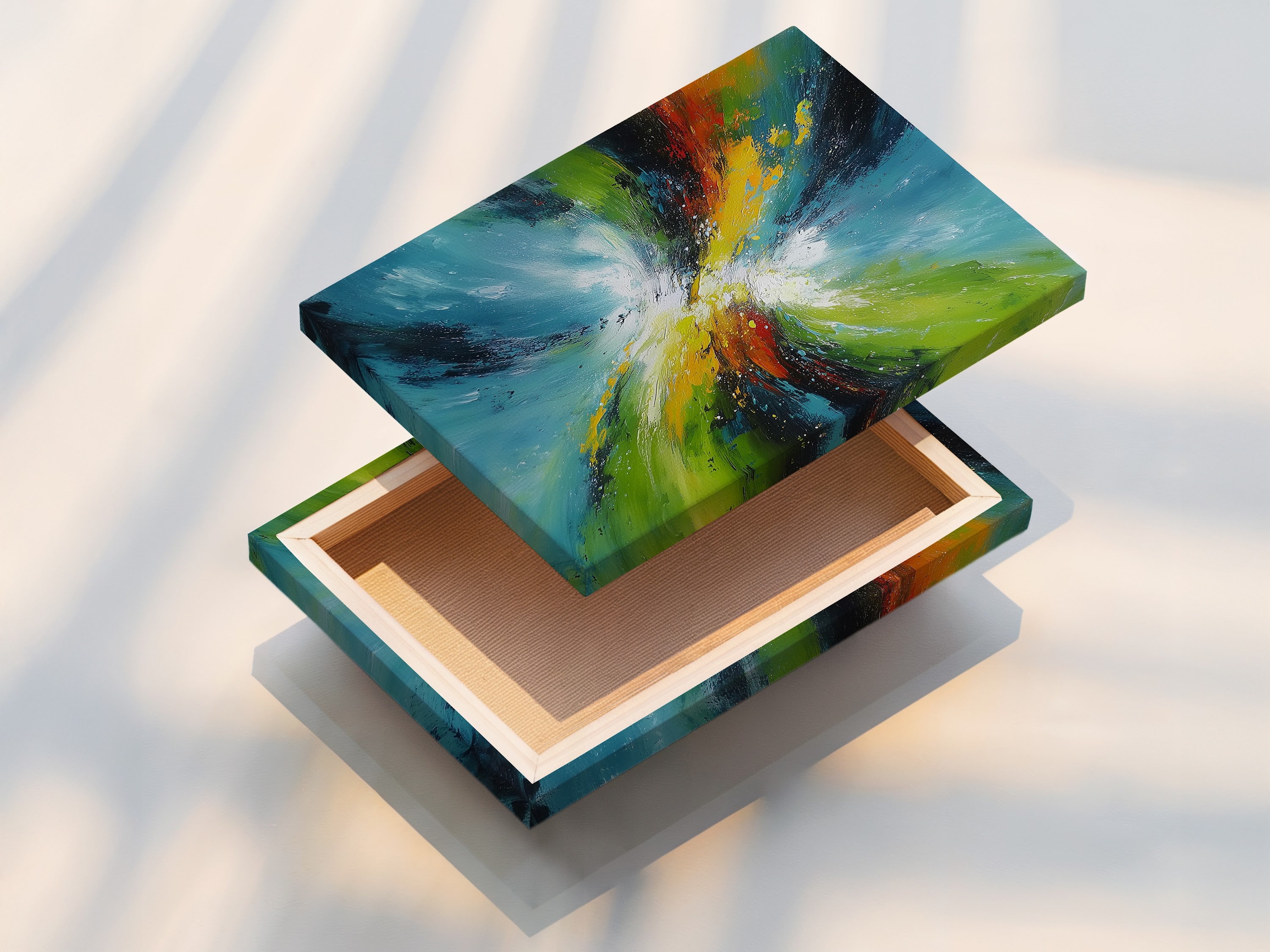 A stretched canvas print displays a vibrant abstract swirl artwork. The contemporary painting features turquoise green and yellow colors. This ready to hang piece adds a dynamic touch to any modern interior. Perfect for living rooms bedrooms and office spaces.