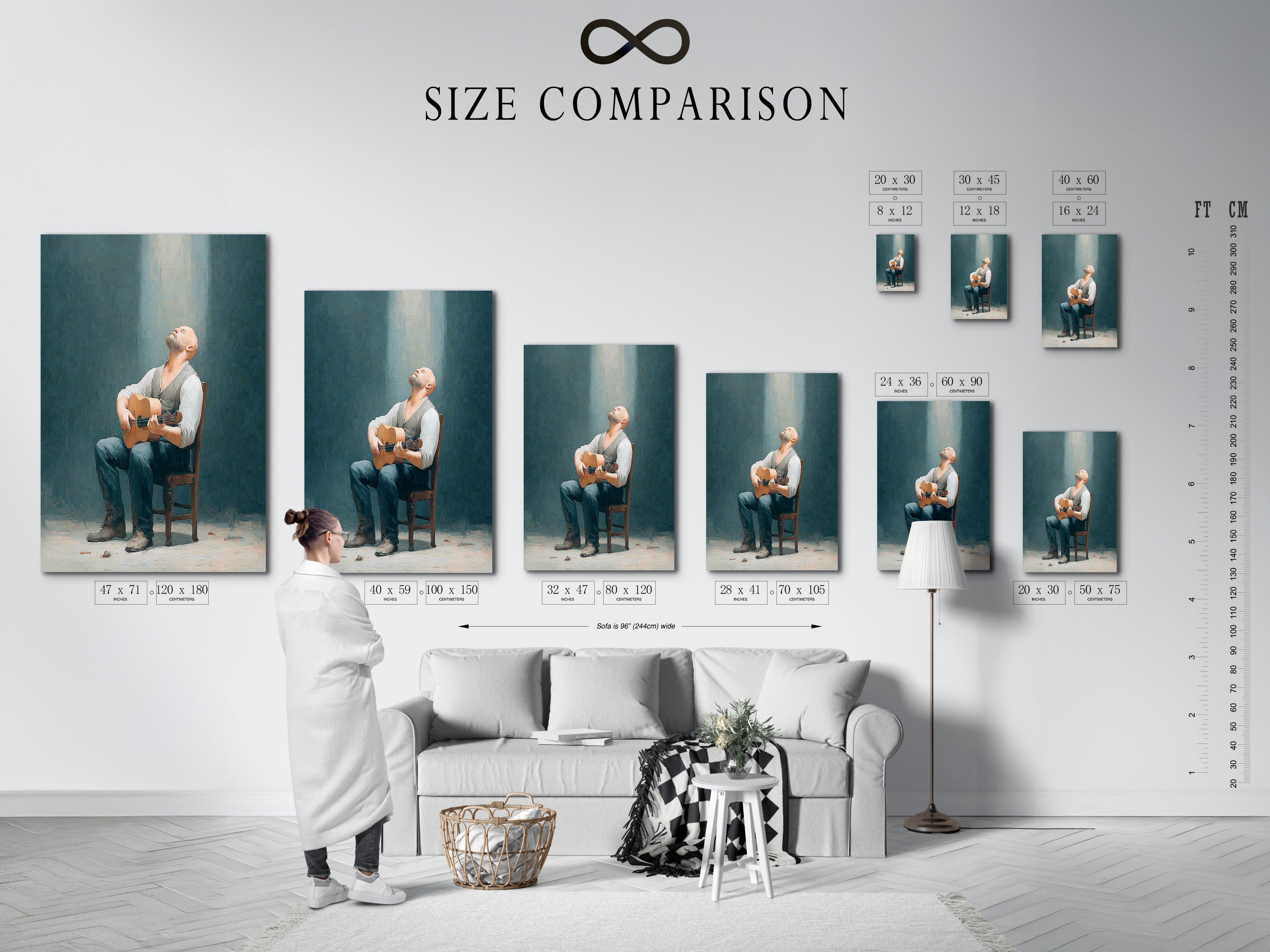 Size comparison chart in an interior setting. See how our rustic man with guitar artwork fits in your space. Vintage style wall art is available in various sizes. Shop now for the perfect fit