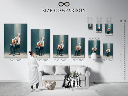 Size comparison chart in an interior setting. See how our rustic man with guitar artwork fits in your space. Vintage style wall art is available in various sizes. Shop now for the perfect fit