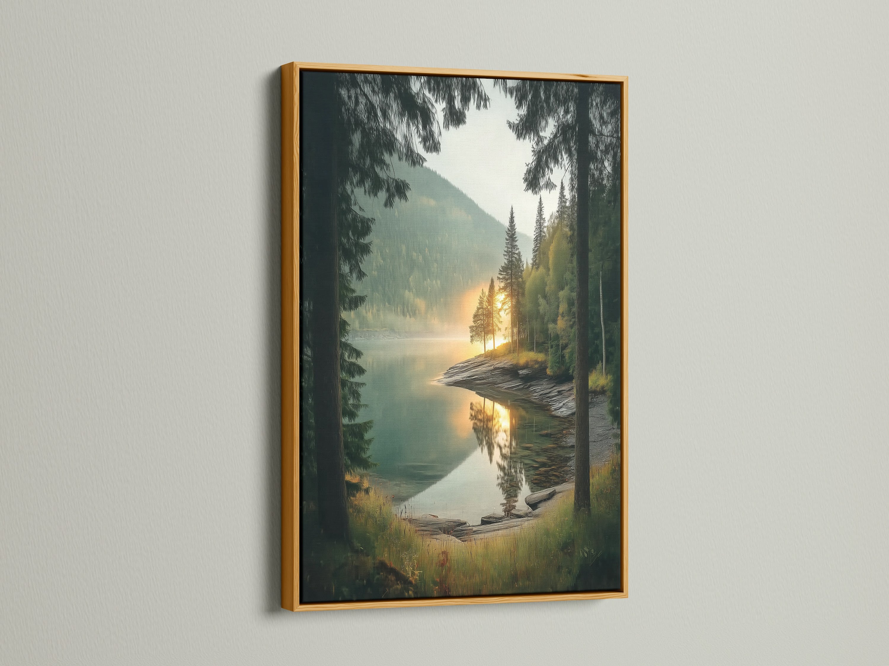 Elevate your art with a gold frame enhancing its elegance.  A gold frame brings a touch of luxury. Ideal for serene forest wall art and mountain lake photography prints.