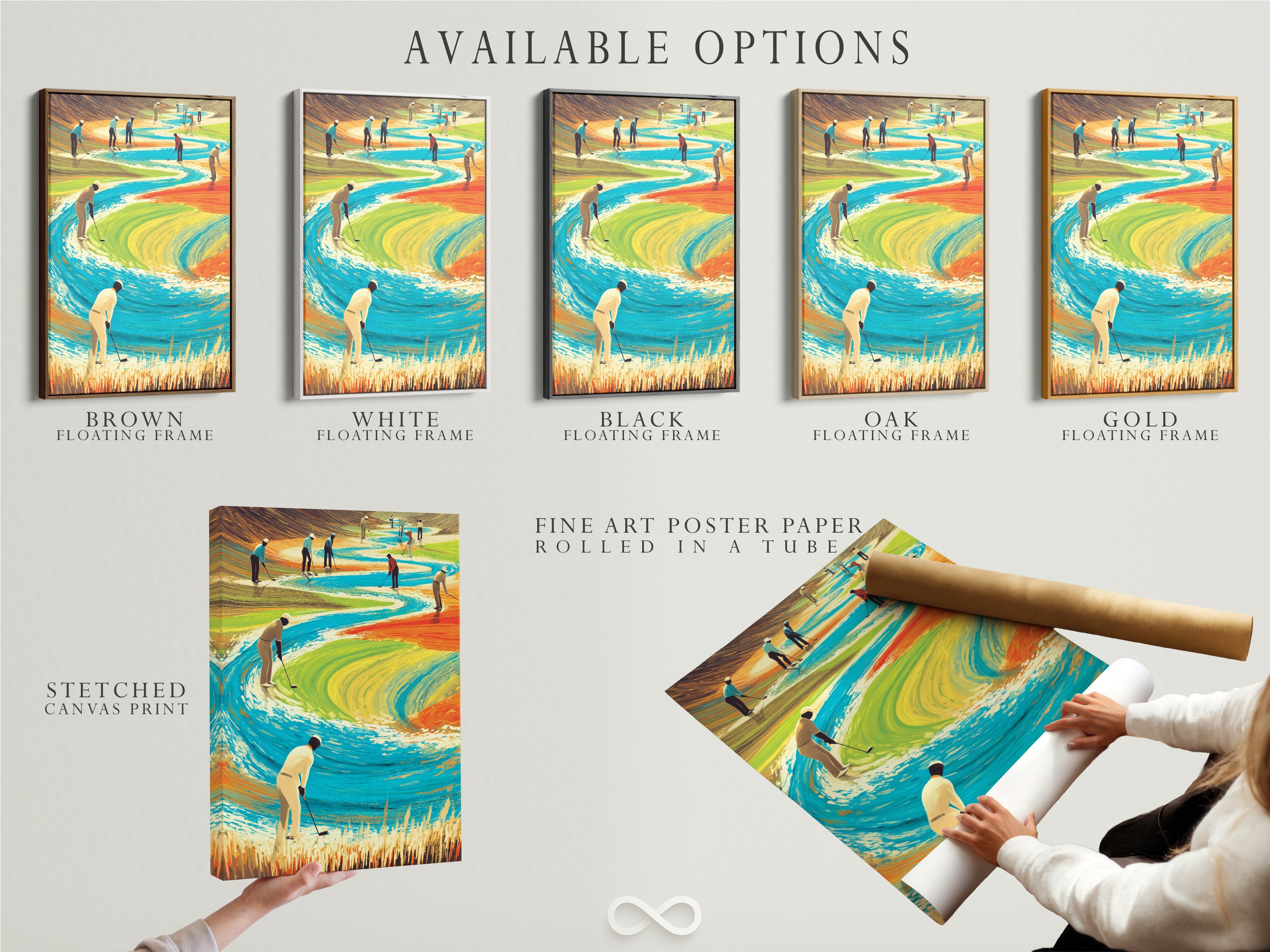 Available options for golf course artwork. Choose between stretched canvas prints and fine art poster paper. Options include a floating frame. Customize your sports wall decor to fit your style. So many choices