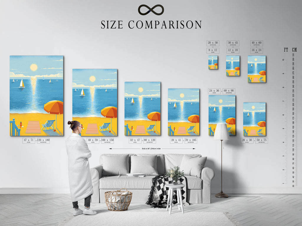 Size comparison chart of our artwork in an interior setting. See how our coastal canvas art fits in your space. Sailboat prints and summer wall decor options available. Find your perfect size.