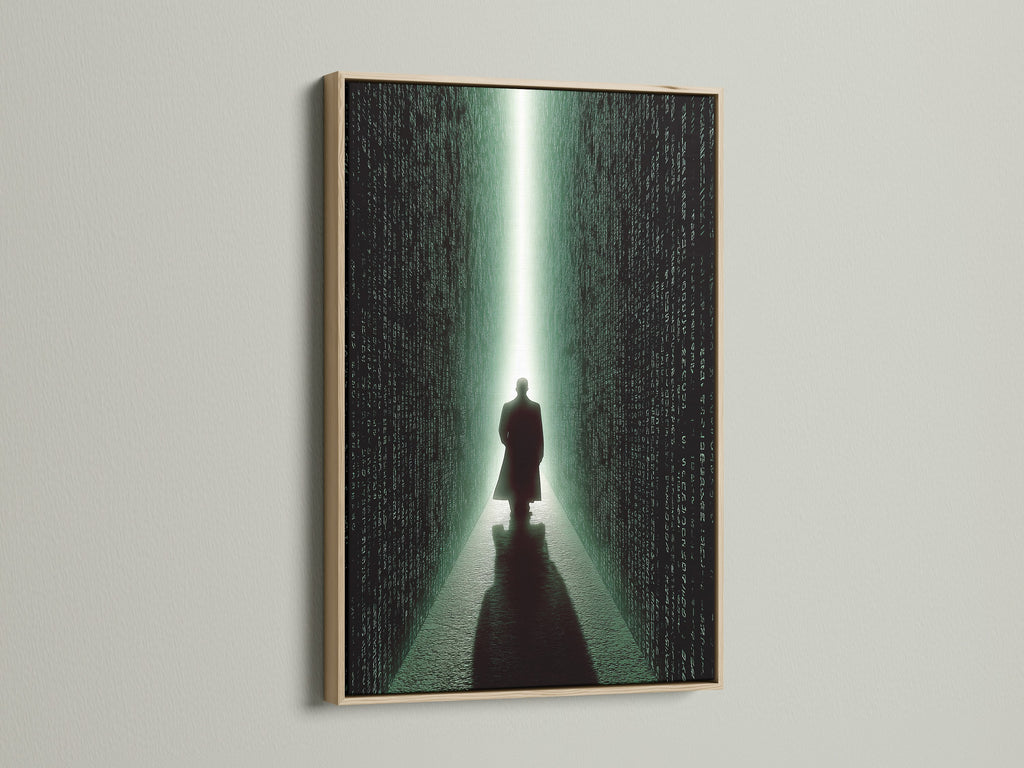 An oak frame beautifully showcases a captivating art print. The artwork depicts a figure walking into a digital corridor. The natural wood grain of the oak complements the art. Add warmth and style to your decor with an oak framed art print.