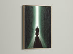 An oak frame beautifully showcases a captivating art print. The artwork depicts a figure walking into a digital corridor. The natural wood grain of the oak complements the art. Add warmth and style to your decor with an oak framed art print.