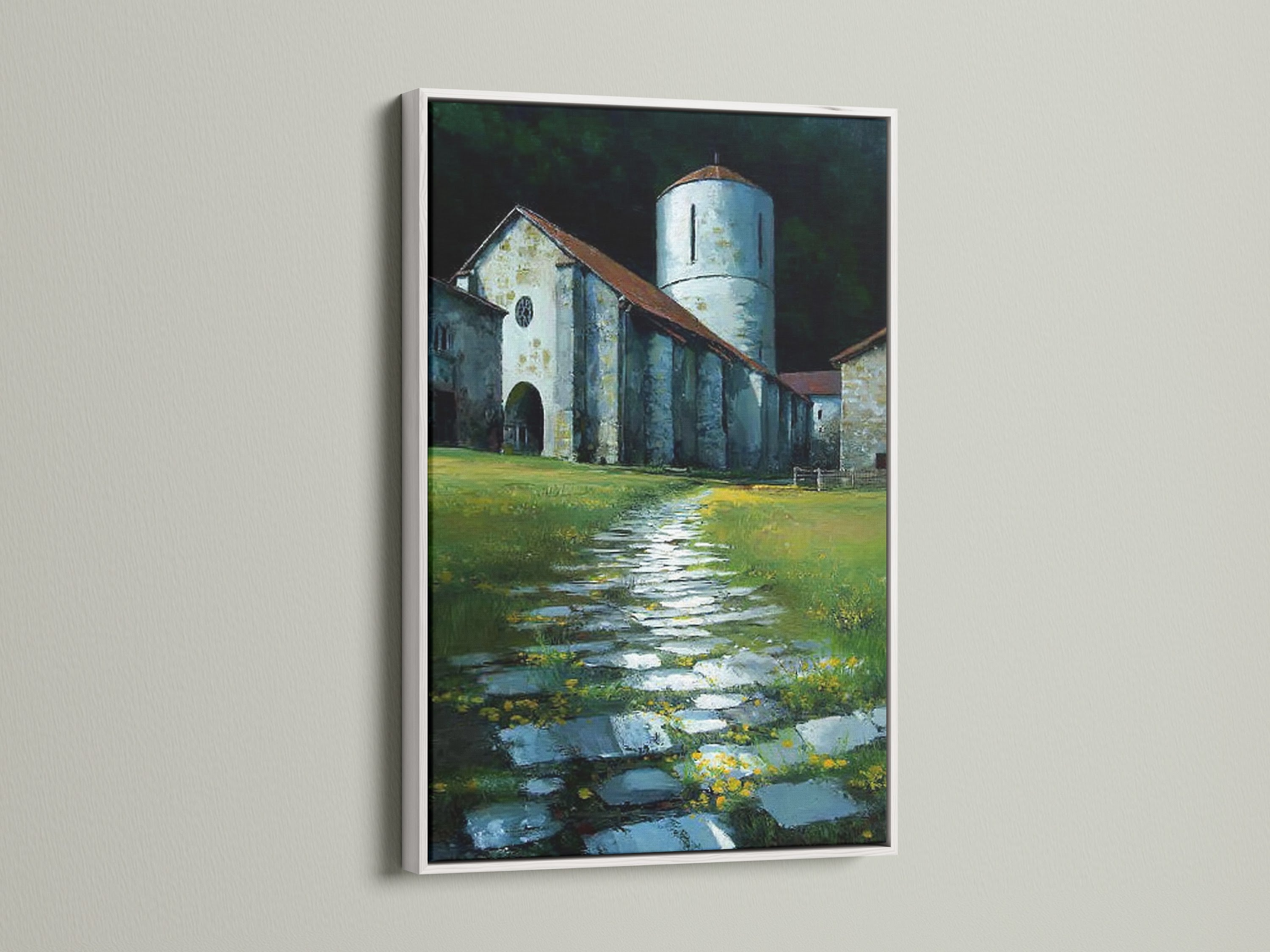 The church tower artwork is displayed in a white frame. The rustic wall art is perfect for farmhouse style. The vintage canvas adds a touch of history. This architectural art complements any hallway decor