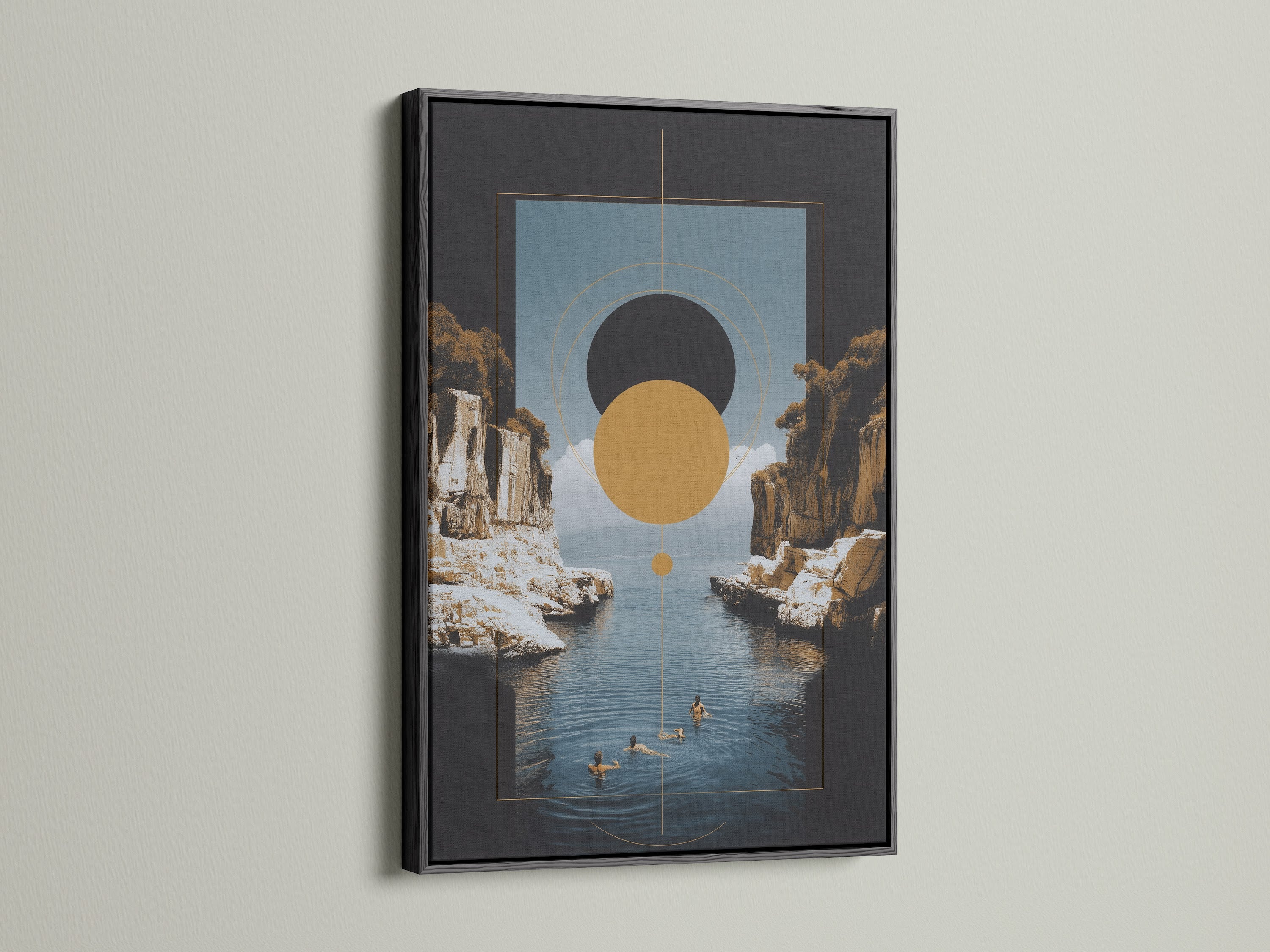A Geometric Seascape artwork with a black frame. This modern piece combines abstract coastal art with earth tones. The sleek black frame adds a contemporary touch. Ideal for modern and minimalist decor styles. Elevate your space with this stunning wall art.