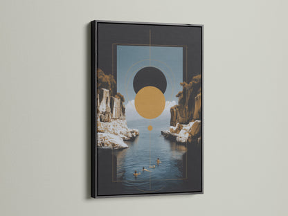 A Geometric Seascape artwork with a black frame. This modern piece combines abstract coastal art with earth tones. The sleek black frame adds a contemporary touch. Ideal for modern and minimalist decor styles. Elevate your space with this stunning wall art.