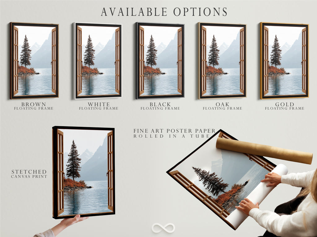 Available options are displayed. Stretched canvas print fine art poster paper and floating frame options. Choose your preferred format for this mountain lake artwork. The nature view poster is customizable to fit any space.