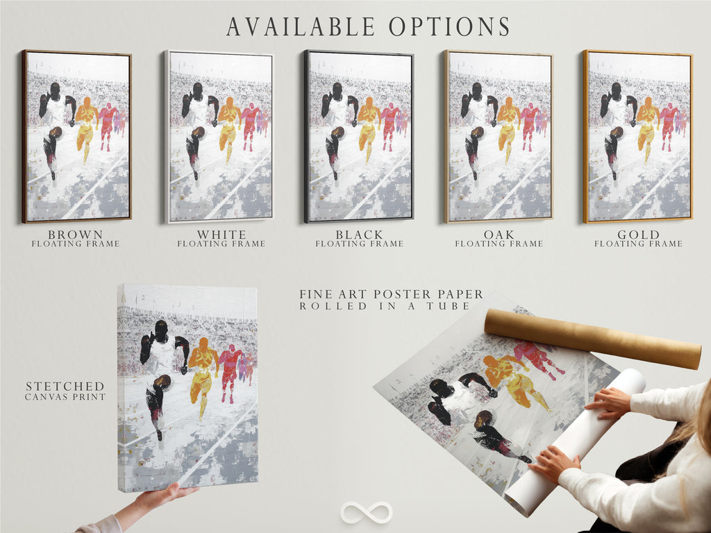Available options for the Marathon Runners artwork. Choose from a stretched canvas print fine art poster paper or a floating frame. Customize your artwork to match your style. Perfect for sports wall decor and gym artwork.