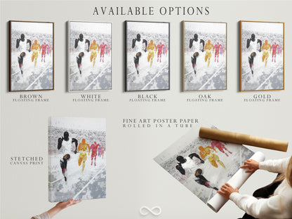 Available options for the Marathon Runners artwork. Choose from a stretched canvas print fine art poster paper or a floating frame. Customize your artwork to match your style. Perfect for sports wall decor and gym artwork.