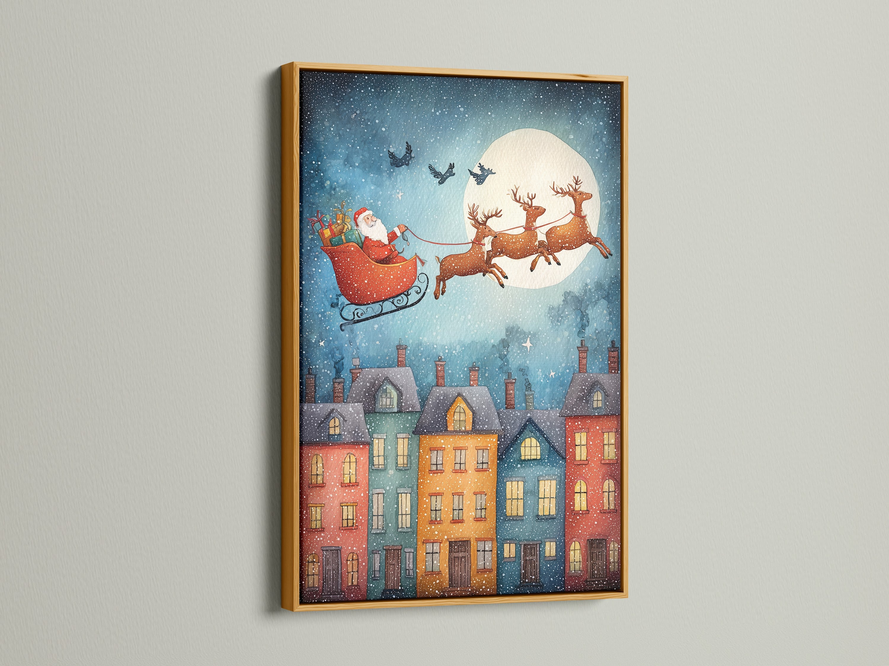 The Santa Claus reindeer art is highlighted in a gold frame. This festive artwork is ideal for kids room decor. It adds a touch of elegance to holiday wall art. Perfect for creating a warm and inviting atmosphere.