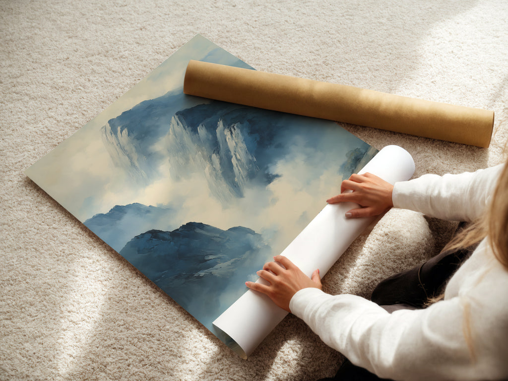 A woman carefully rolls a fine art poster paper. The poster paper is high quality. It is perfect for creating stunning prints. This ensures your artwork looks its best. The fine art paper enhances colors and details. It is ideal for landscape prints and bison artwork. Order your prints on this premium paper today. Enjoy the superior quality of fine art prints.