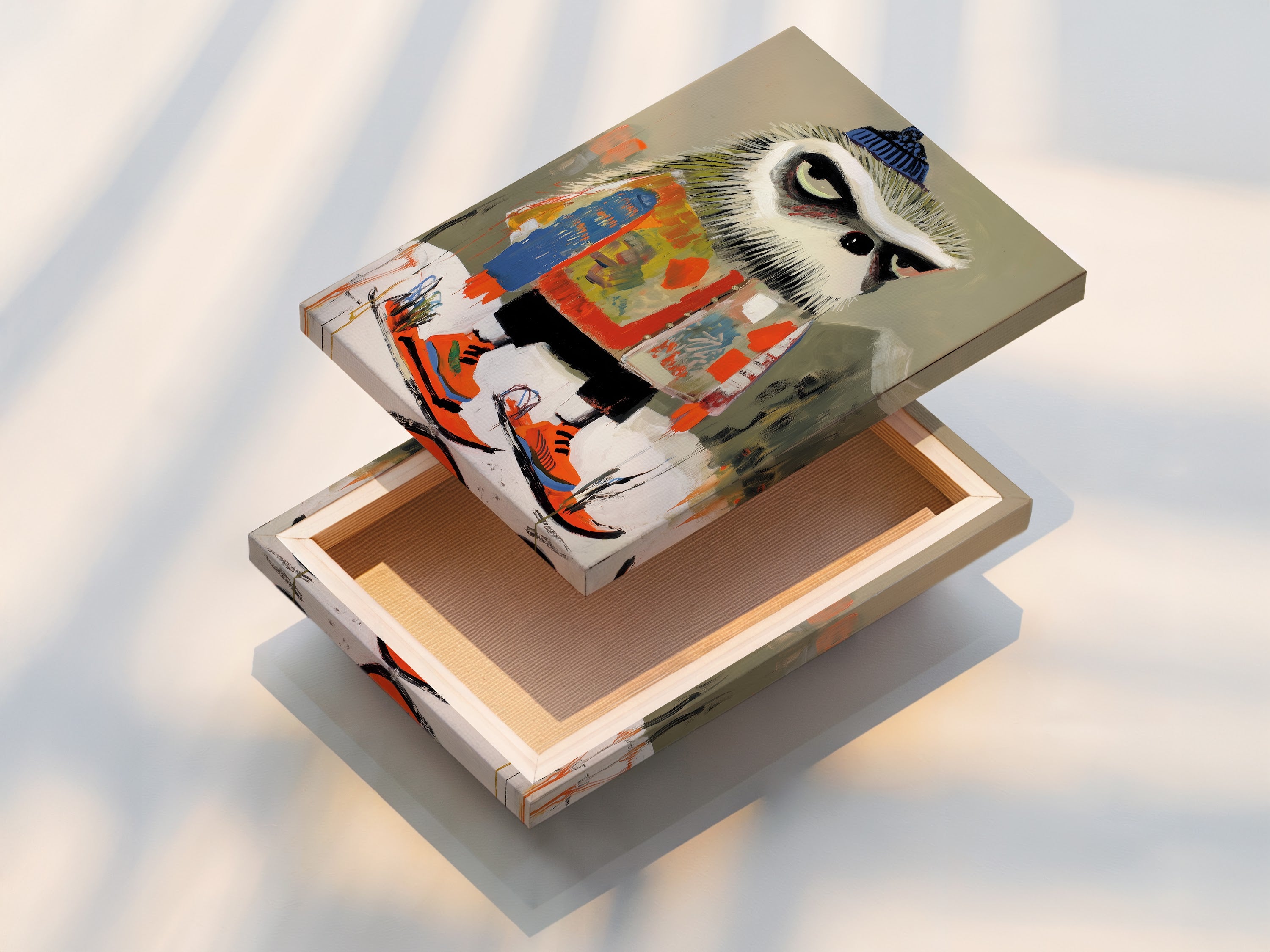 A stretched canvas print of the skiing owl art is displayed. The vibrant colors and whimsical details are highlighted on the canvas. Perfect as funny wall decor or kids room wall art this piece enhances any space. Ideal for contemporary Scandinavian and eclectic styles in homes studios and clinics.