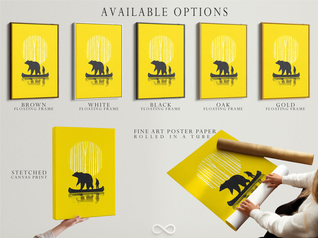 Available options for the Bear Canoe artwork. Choose from a stretched canvas print fine art poster paper or floating frame. The artwork features a bear and man in a canoe. This yellow art print is perfect for cabin decor.