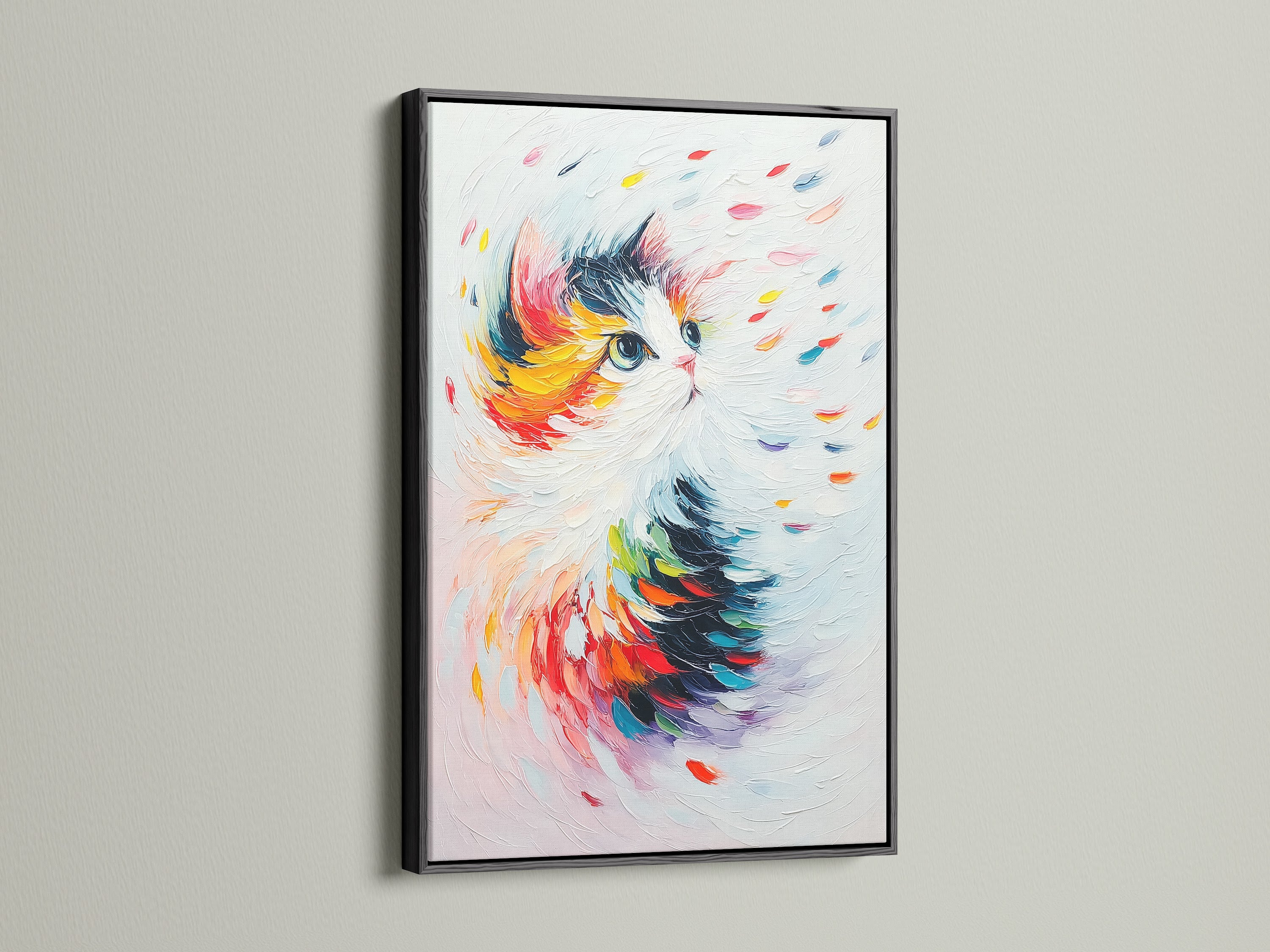 The black frame provides a striking contrast to the vibrant colors of this cat artwork. The abstract feline canvas print is a modern and playful addition. It is suitable for kids rooms or any space needing a pop of color. Perfect for animal wall decor.