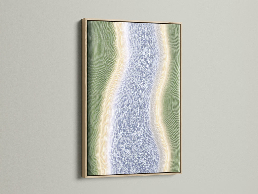 A close up of Abstract River Artwork with an oak frame. The artwork combines sage green and lavender tones. The oak frame enhances the natural feel. A great choice for living rooms and bedrooms seeking a calming zen decor.
