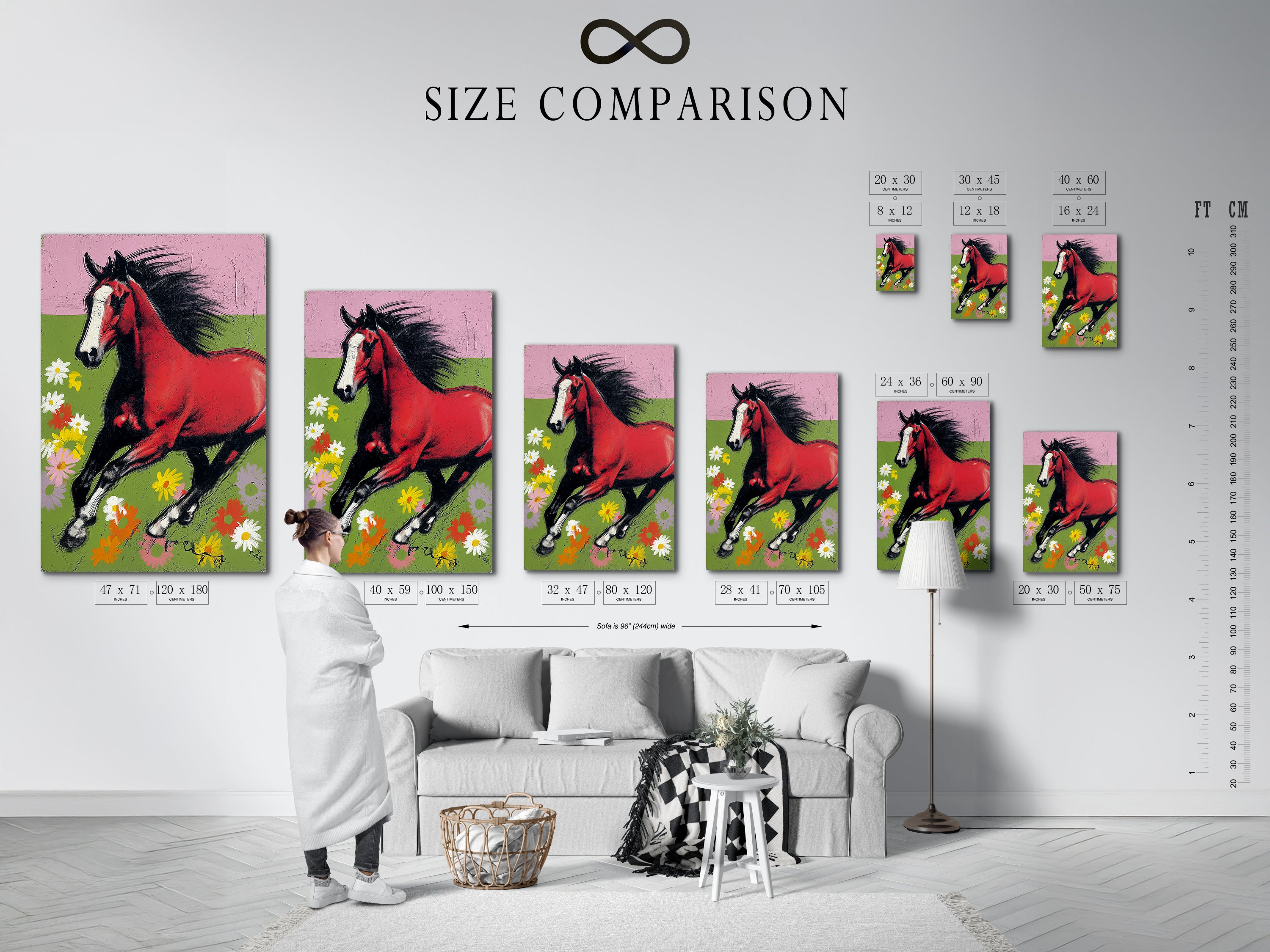 A size comparison chart is displayed in an interior setting. The chart shows various sizes of horse art prints. It helps visualize the perfect fit for your space. The featured artwork is a red bay horse in a floral meadow. Choose the ideal size for your home decor needs.