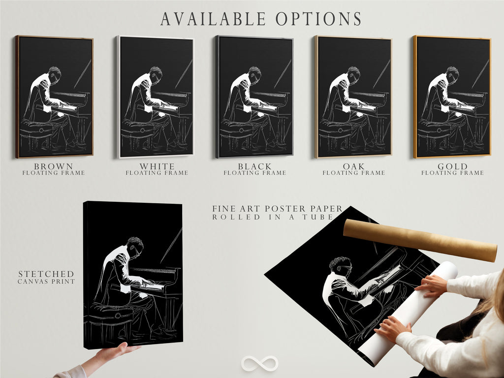 Explore the available options for this piano player artwork. Choose from a stretched canvas print fine art poster paper or a floating frame. The jazz musician canvas wall art is perfect for any space. Get your black and white music wall decor now.
