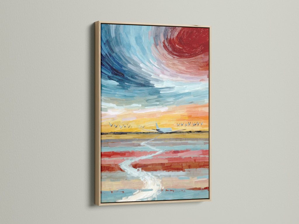 This airplane art is displayed in an oak frame. The aviation print captures a serene sky canvas art scene. Sunset wall art brings warmth to your space. This unique flight artwork is perfect for modern decor. A beautiful aviation gift.