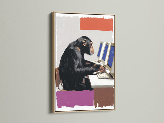 A contemporary monkey computer art print showcased in an oak frame. This funny animal artwork adds character to any office. The print features a chimp at a computer. It's ideal for tech startups or modern workspaces. Bring humor and style to your desk with this primate artwork.