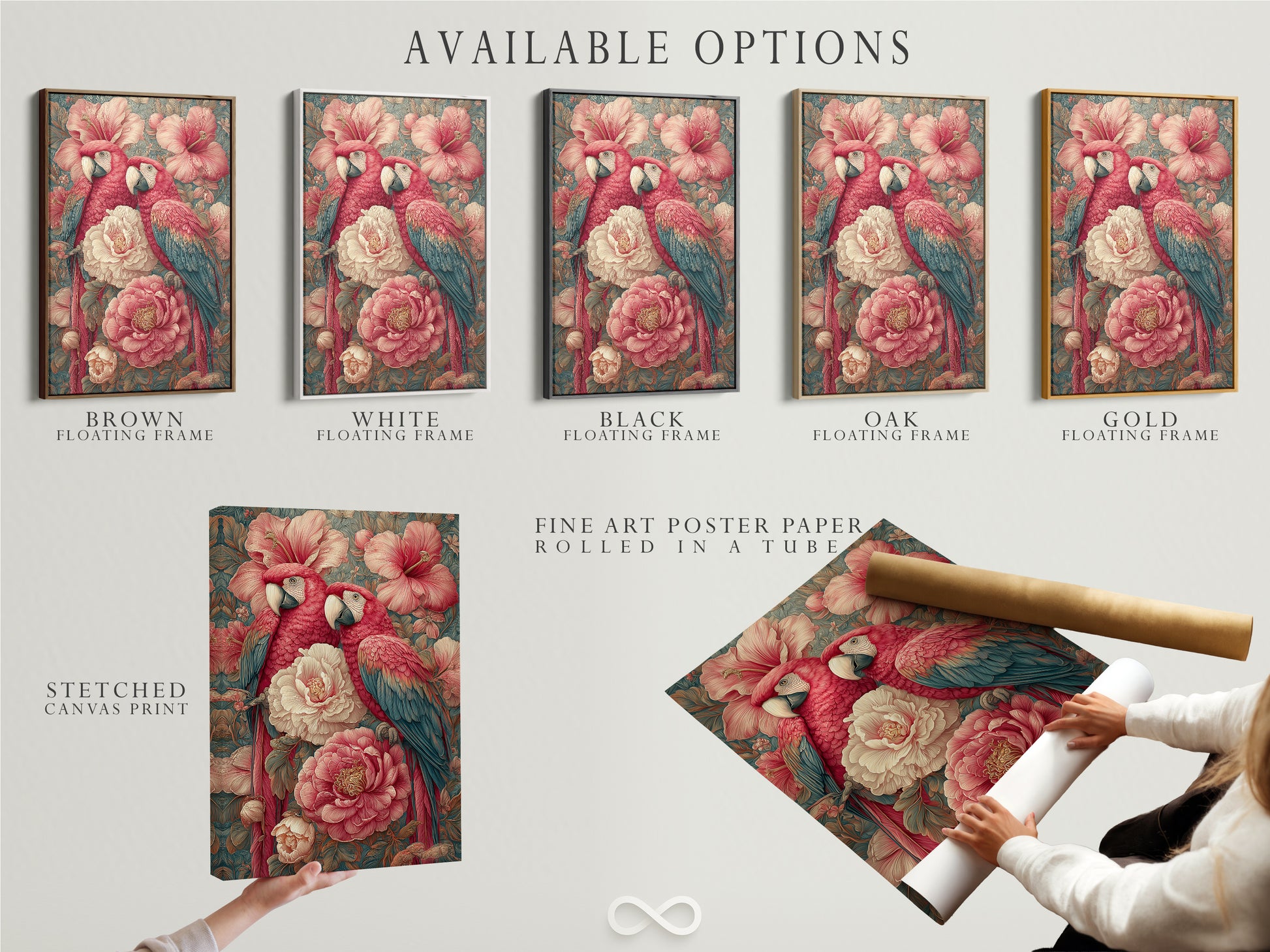Available options include a stretched canvas print. Also available is fine art poster paper and a floating frame. Choose the perfect option for your tropical parrot artwork. The artwork is vintage botanical wall art.