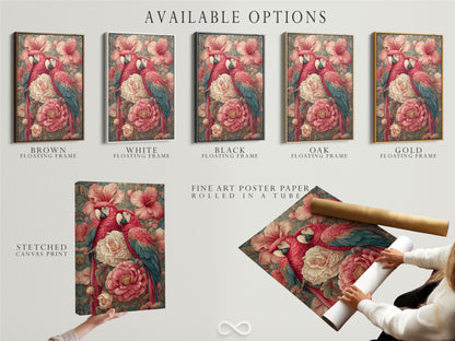 Available options include a stretched canvas print. Also available is fine art poster paper and a floating frame. Choose the perfect option for your tropical parrot artwork. The artwork is vintage botanical wall art.