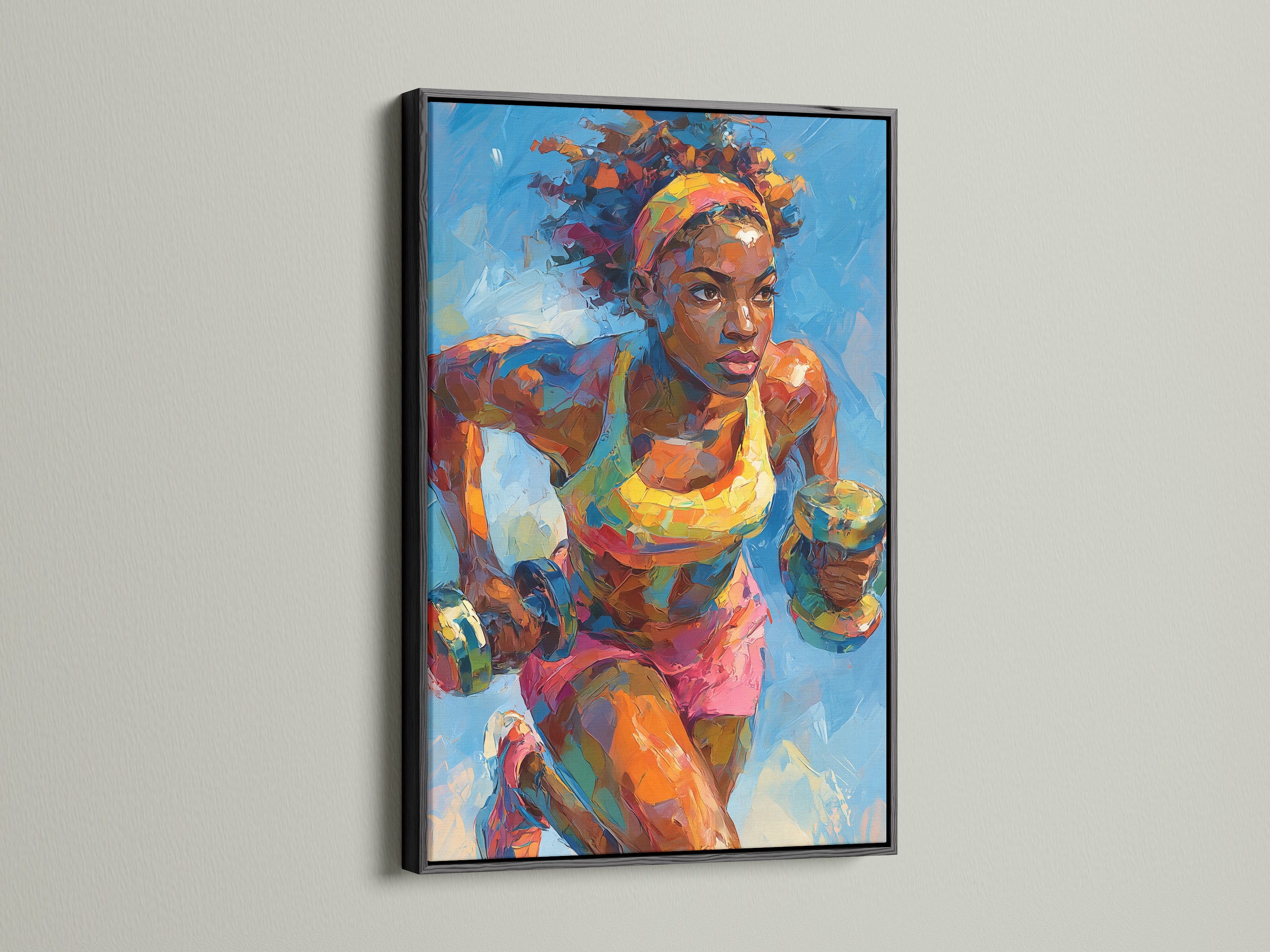 See the female boxer art in a sleek black frame. The black frame provides a modern touch to this sports wall art. The artwork is great for a gym or office. A bold and stylish choice for any fitness enthusiast. Elevate your space with this boxing canvas print.
