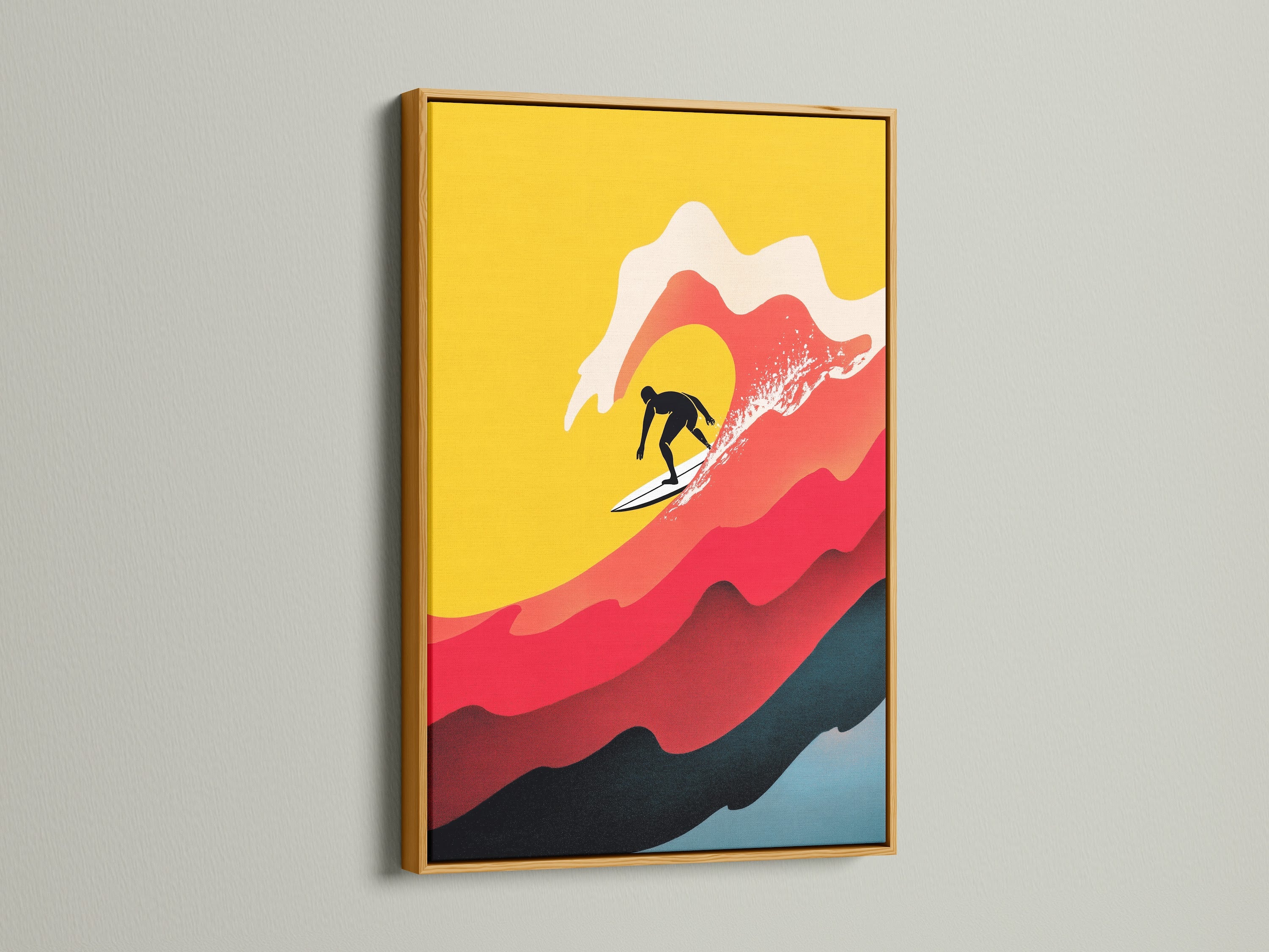 A Surfing Canvas Print shines in a gold frame. The gold frame adds a luxurious touch to this retro wave art. The vintage surf poster becomes a statement piece for coastal decor. This artwork exudes beachy elegance.