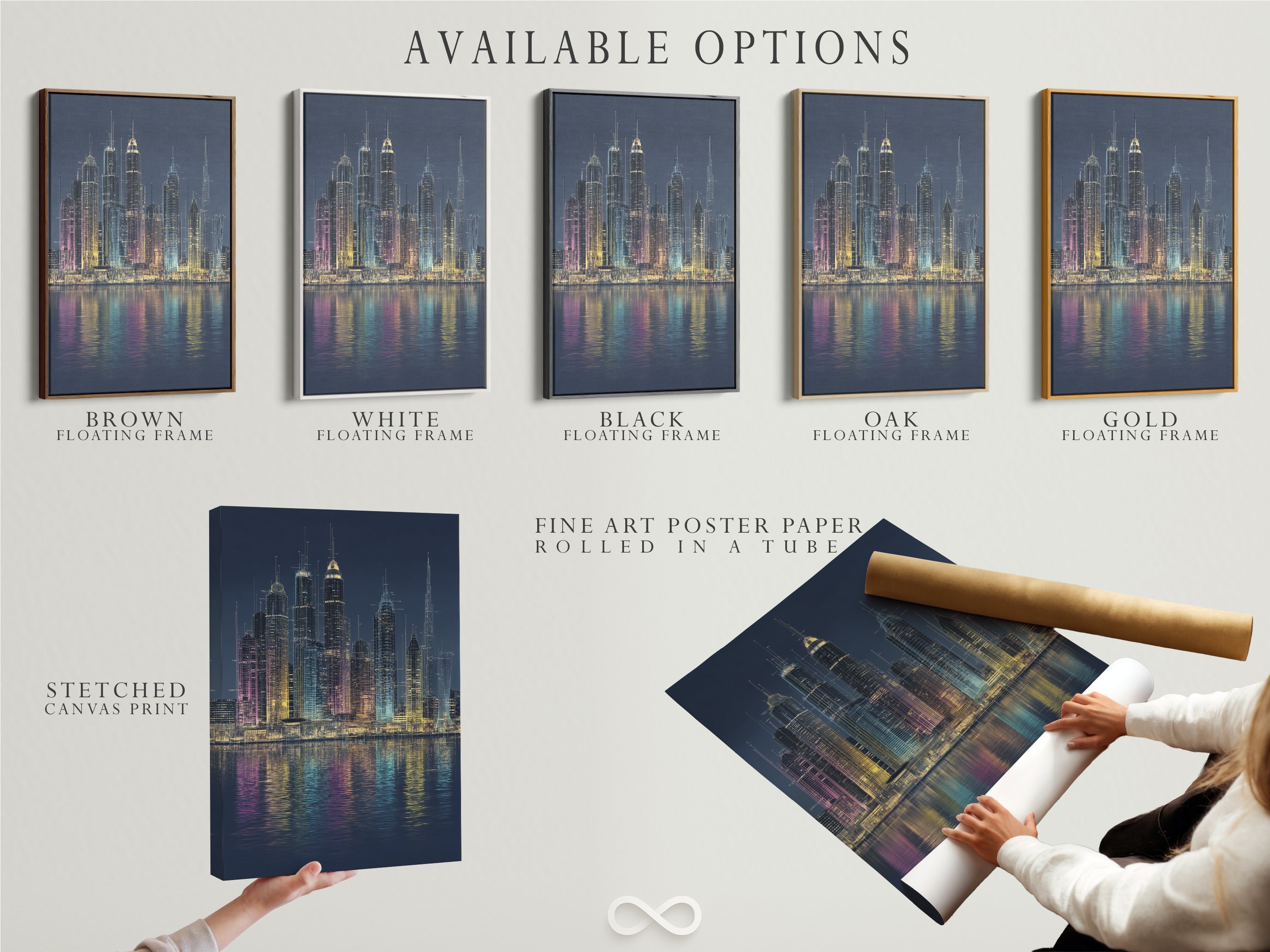 Explore available options for this city skyline artwork. Choose from a stretched canvas print fine art poster paper or floating frame. Customize your modern urban wall art to fit your style. Perfect for creating unique office wall decor or living room art. This cityscape reflection photography is versatile. Select your preferred format today.