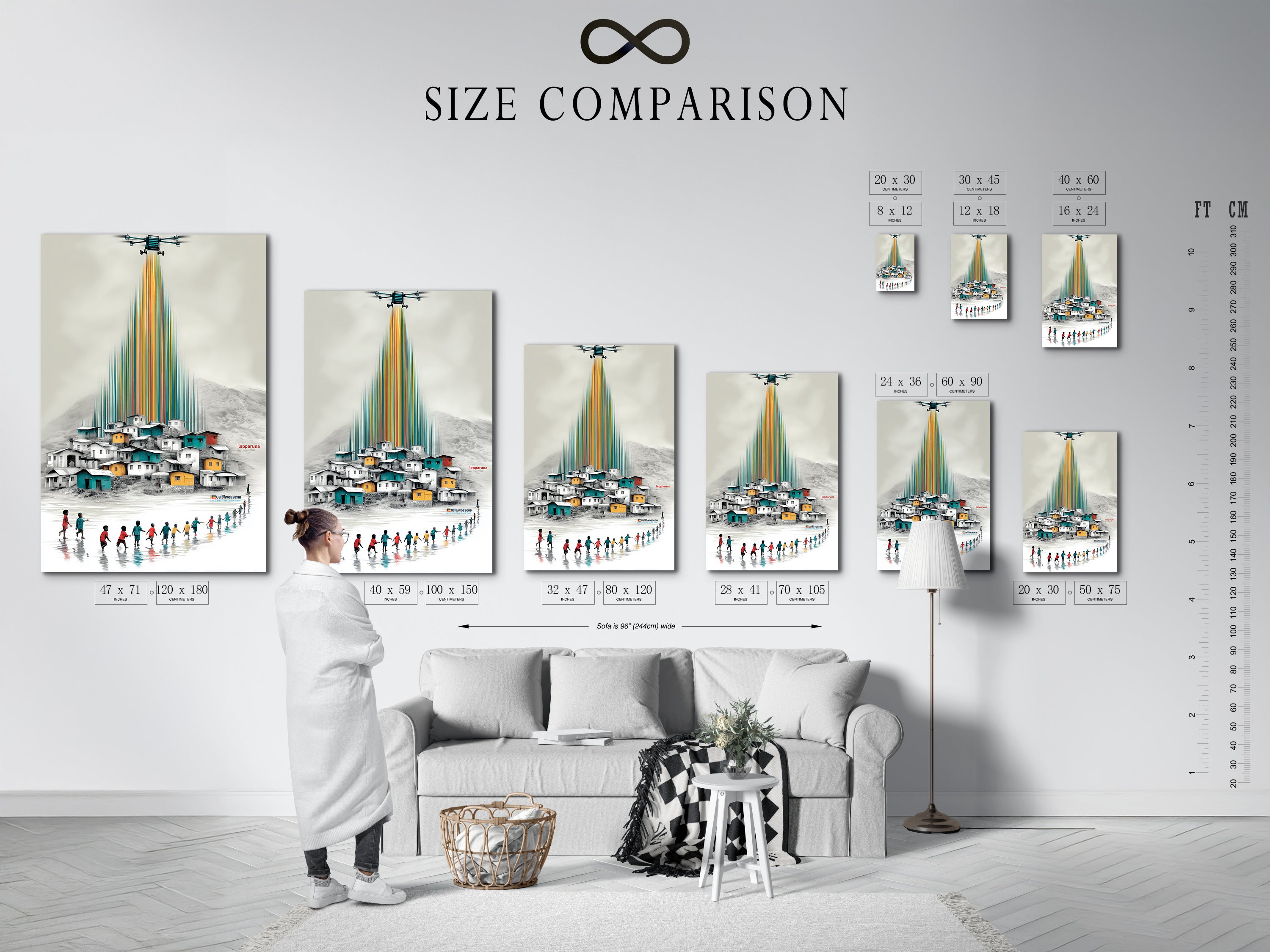 Size comparison chart of the global children canvas artwork displayed in a modern interior. The artwork features a colorful village scene. Children are walking towards the village. Choose the perfect size for your space. This art complements any decor.