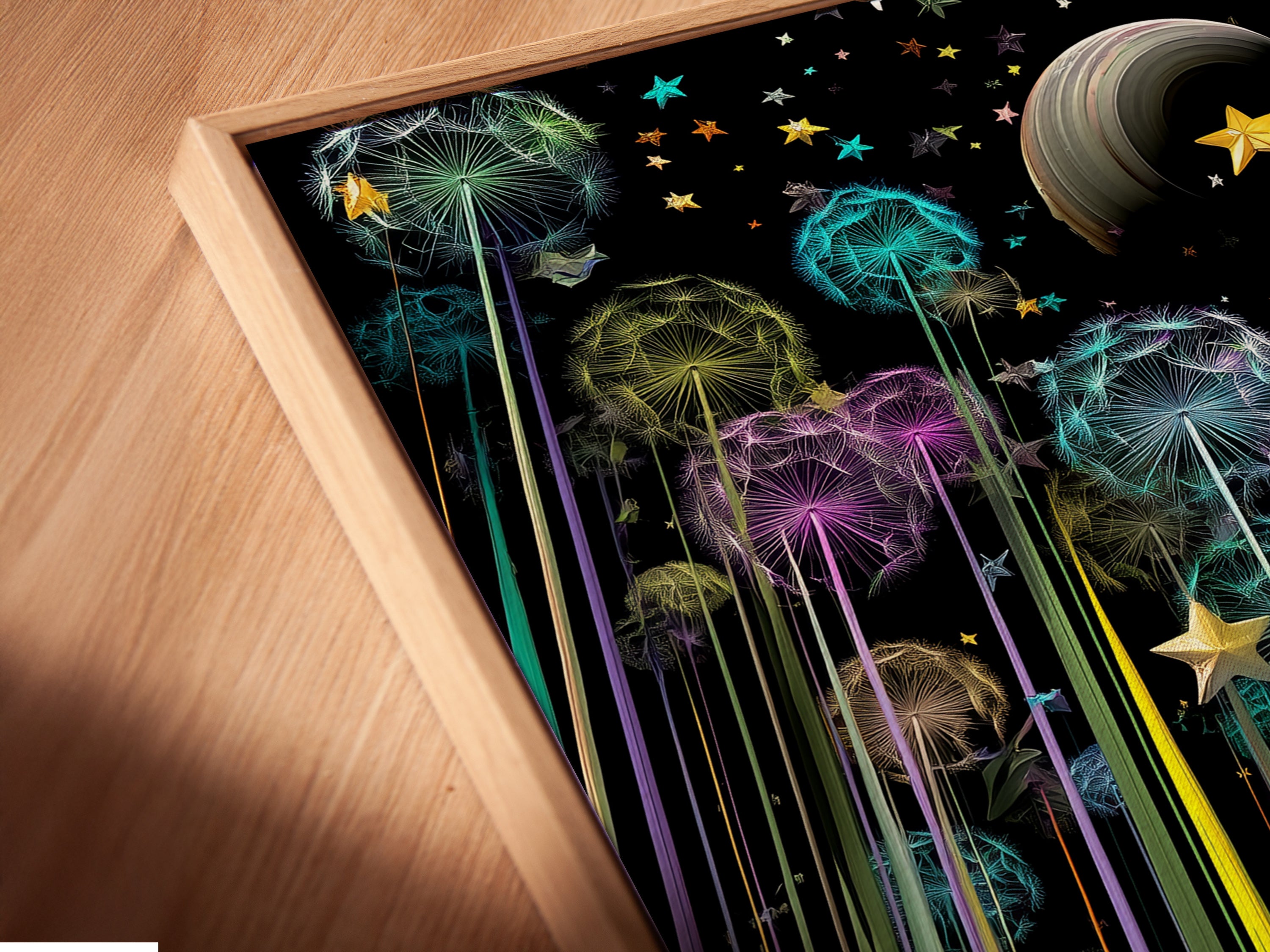 Angled close-up reveals the Dandelion Galaxy Canvas Print in a floating frame. The celestial artwork enhances the space theme. This colorful artwork is perfect for modern spaces. Note the floating frame's sleek profile.