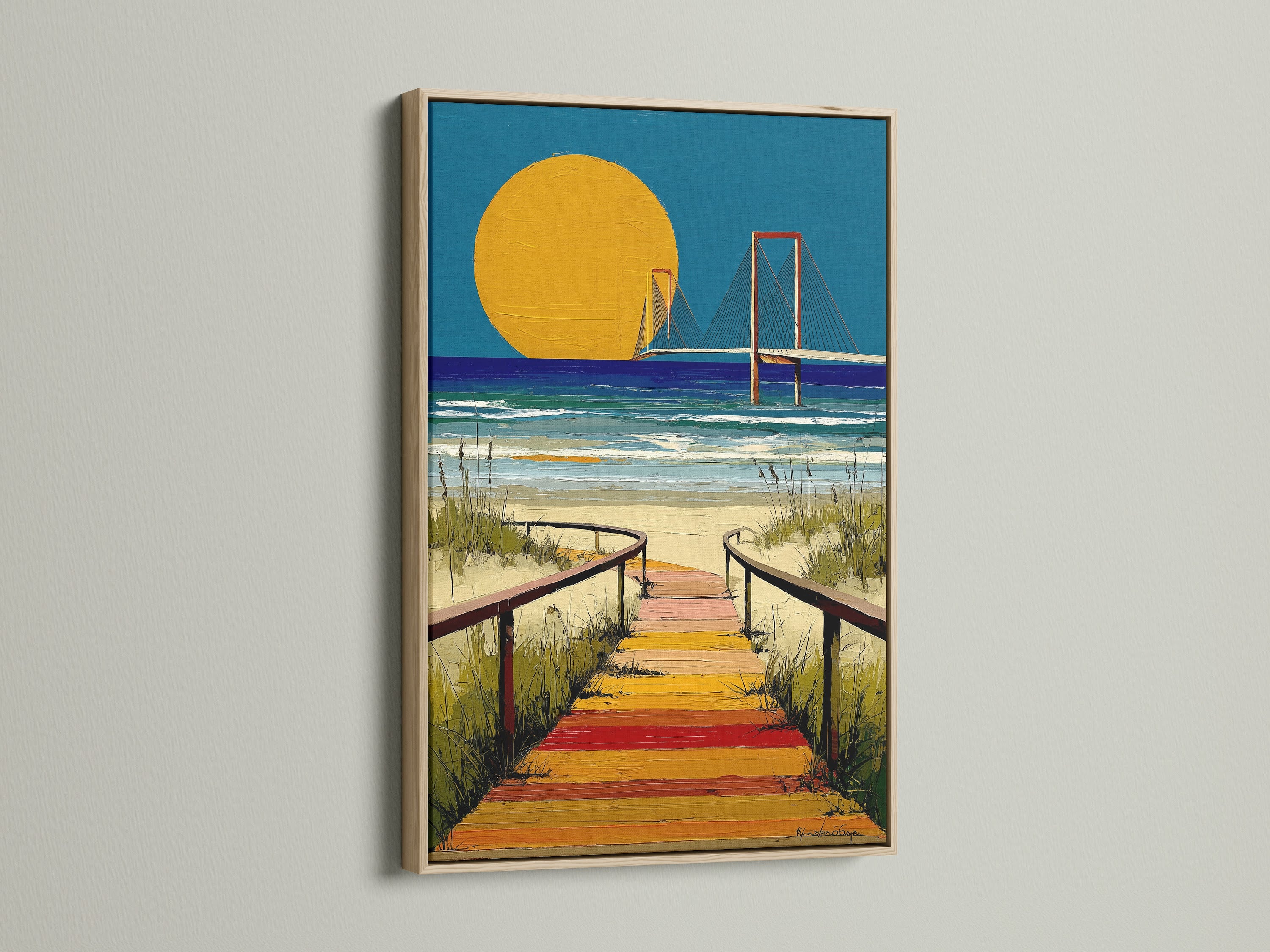 The beach boardwalk canvas print features an oak frame. It enhances the coastal sunset wall art. This ocean bridge landscape adds a touch of seaside wall art to beach house decor. Perfect for nautical decor.