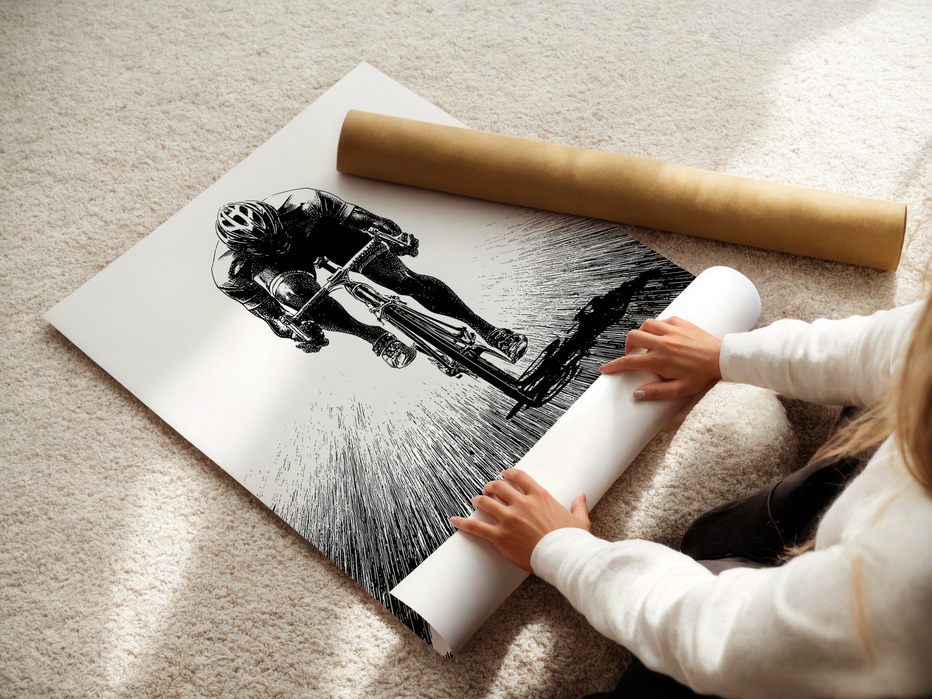 A woman is carefully rolling a fine art poster paper print. The paper is archival quality ensuring longevity. This paper enhances the colors and details of the artwork. She is handling a cycling art print. It is ready for framing or display. A perfect cyclist gift.
