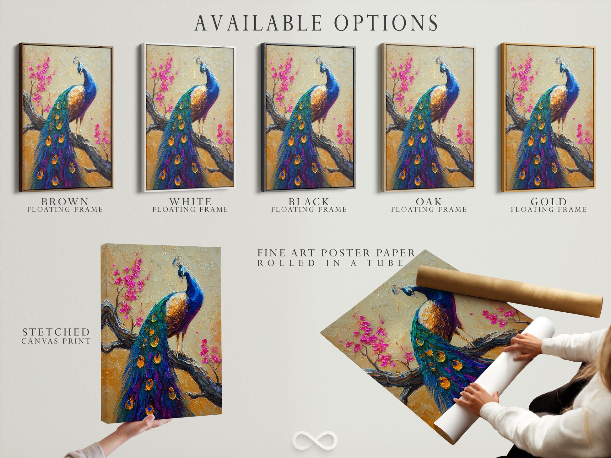 Available options include a stretched canvas print fine art poster paper and a floating frame. All options showcase the peacock artwork. Customers can choose the format that best fits their style and budget. Each option enhances the artwork.