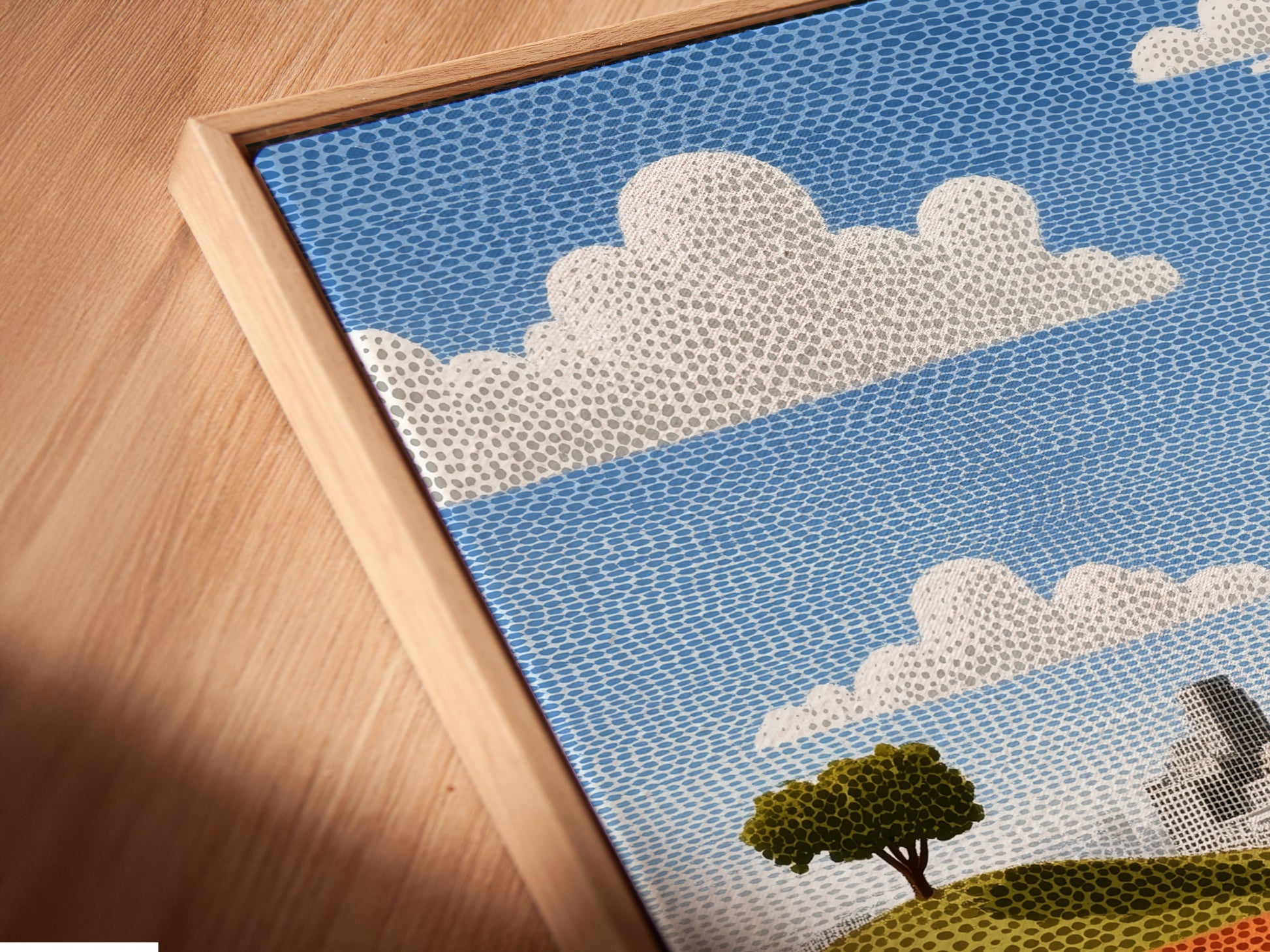 A close-up of canvas print in a floating frame. The modern city skyline artwork features an urban landscape. This piece is an abstract print perfect for office wall decor. The floating frame adds sophistication.